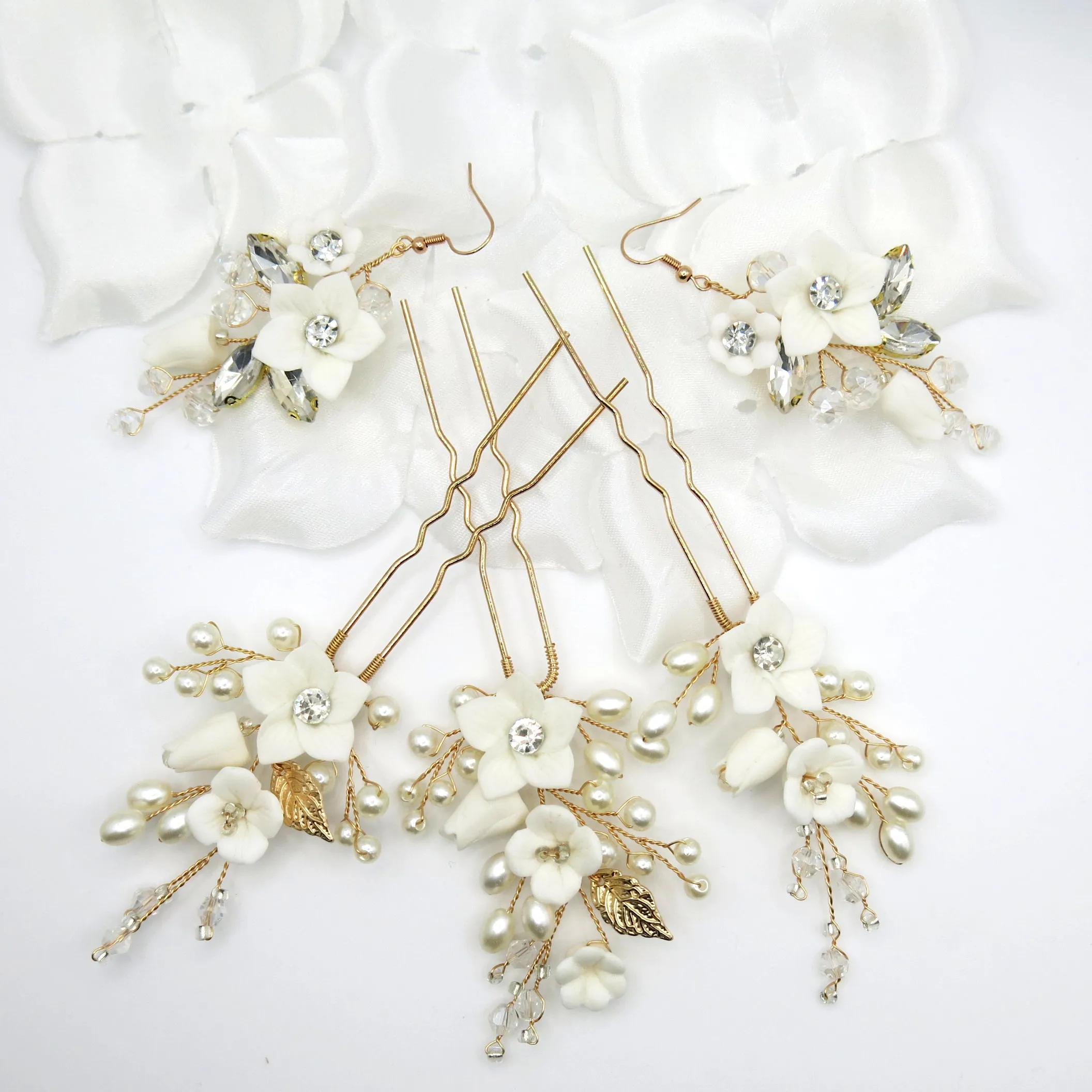 Set of 3 Flower Hairpins or Bridal Earrings, Wedding U-Shaped Floral Hairpins or Crystal Dangle Earrings