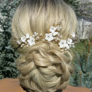 Set of 3 Flower Hairpins or Bridal Earrings, Wedding U-Shaped Floral Hairpins or Crystal Dangle Earrings