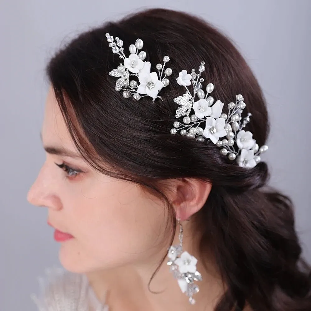 Set of 3 Flower Hairpins or Bridal Earrings, Wedding U-Shaped Floral Hairpins or Crystal Dangle Earrings