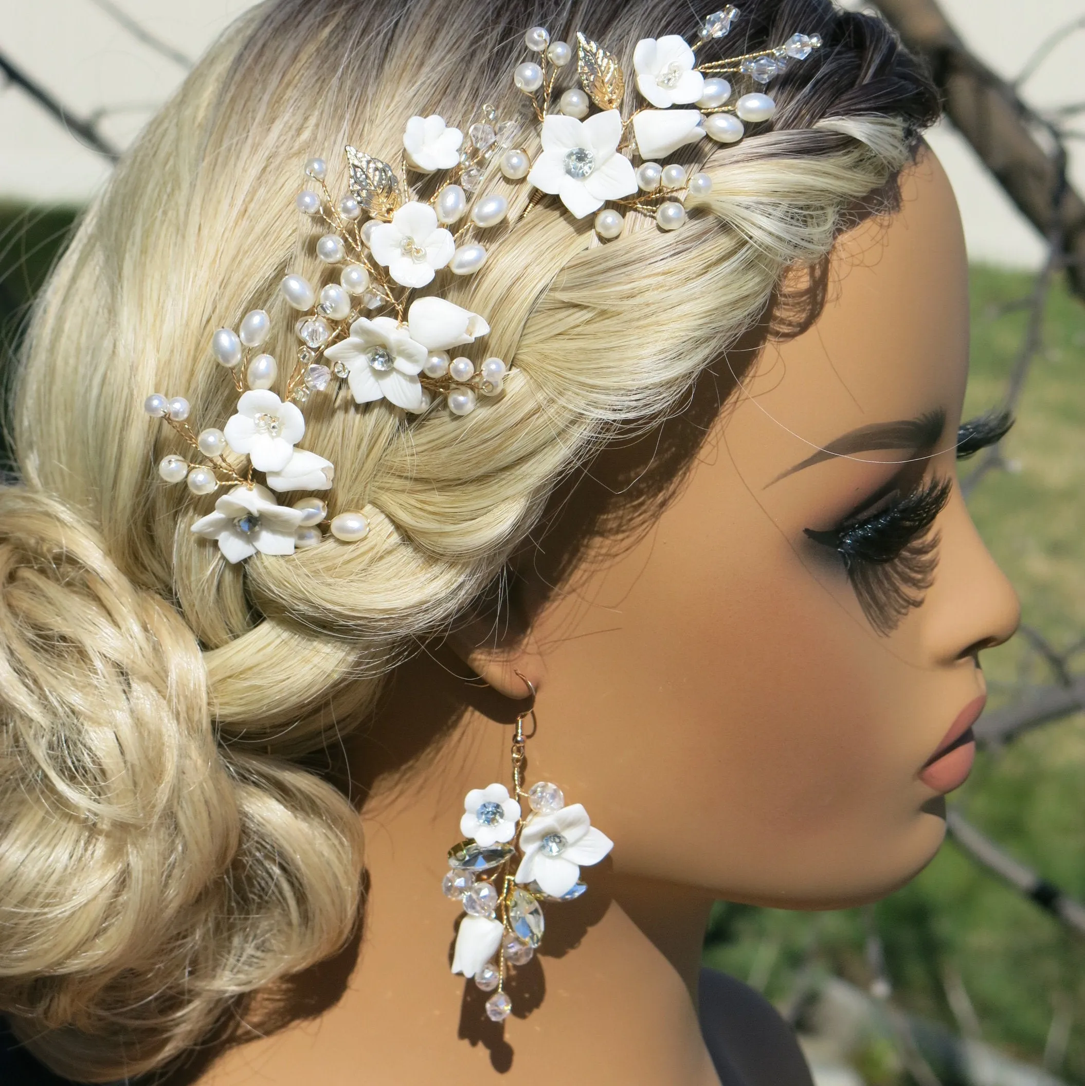 Set of 3 Flower Hairpins or Bridal Earrings, Wedding U-Shaped Floral Hairpins or Crystal Dangle Earrings