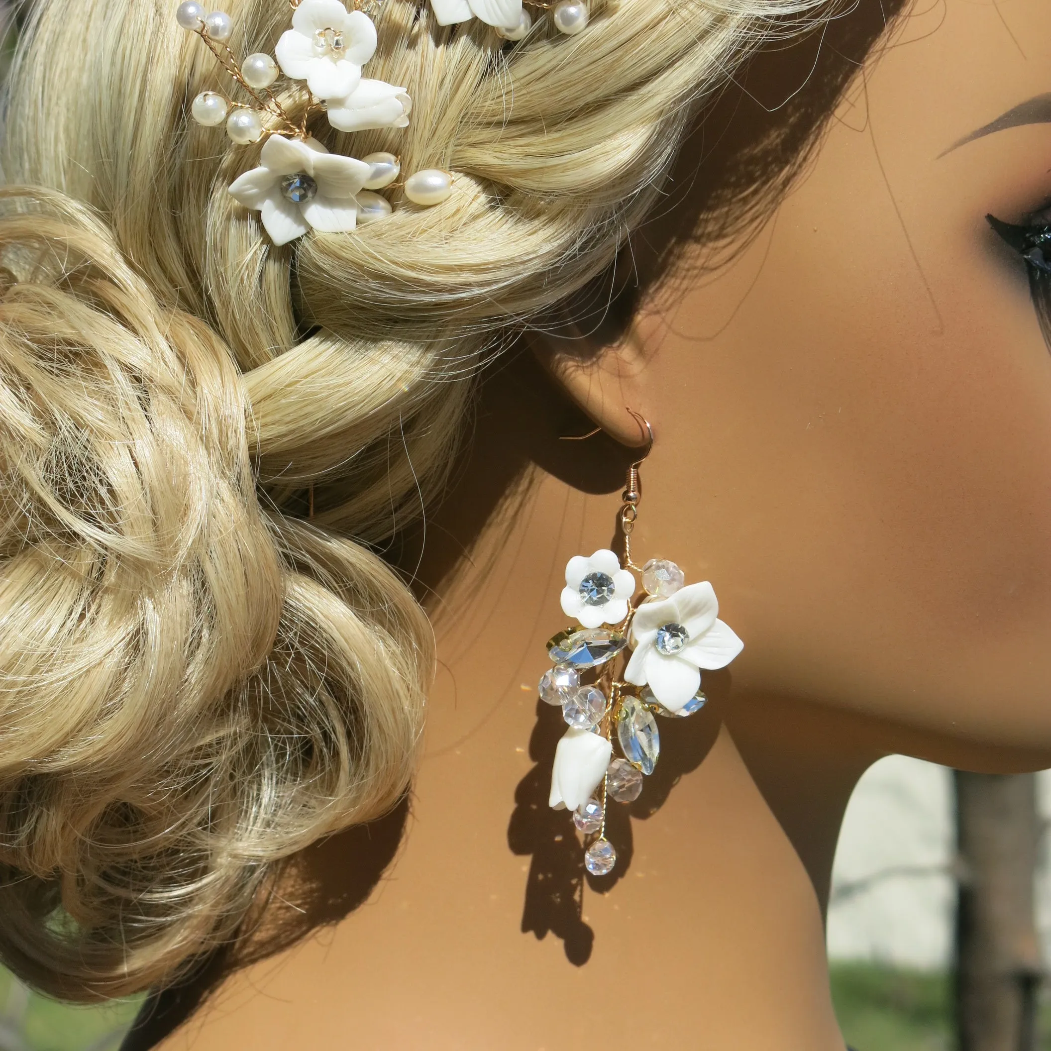 Set of 3 Flower Hairpins or Bridal Earrings, Wedding U-Shaped Floral Hairpins or Crystal Dangle Earrings