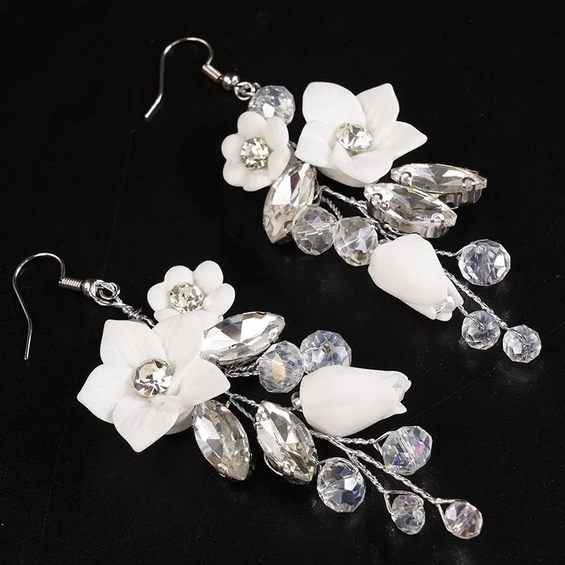 Set of 3 Flower Hairpins or Bridal Earrings, Wedding U-Shaped Floral Hairpins or Crystal Dangle Earrings