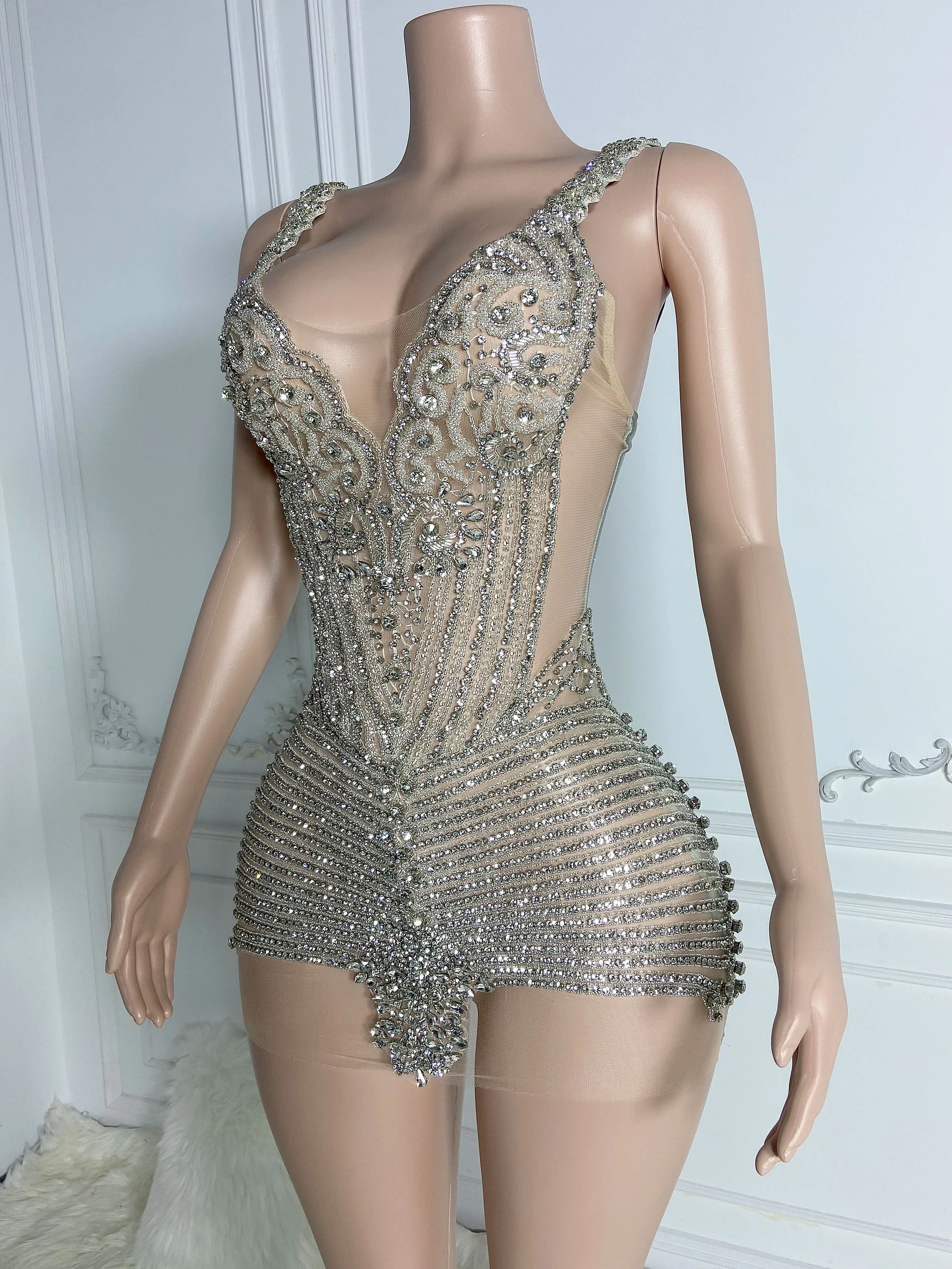 Silver Beaded Elegance Mini Dress