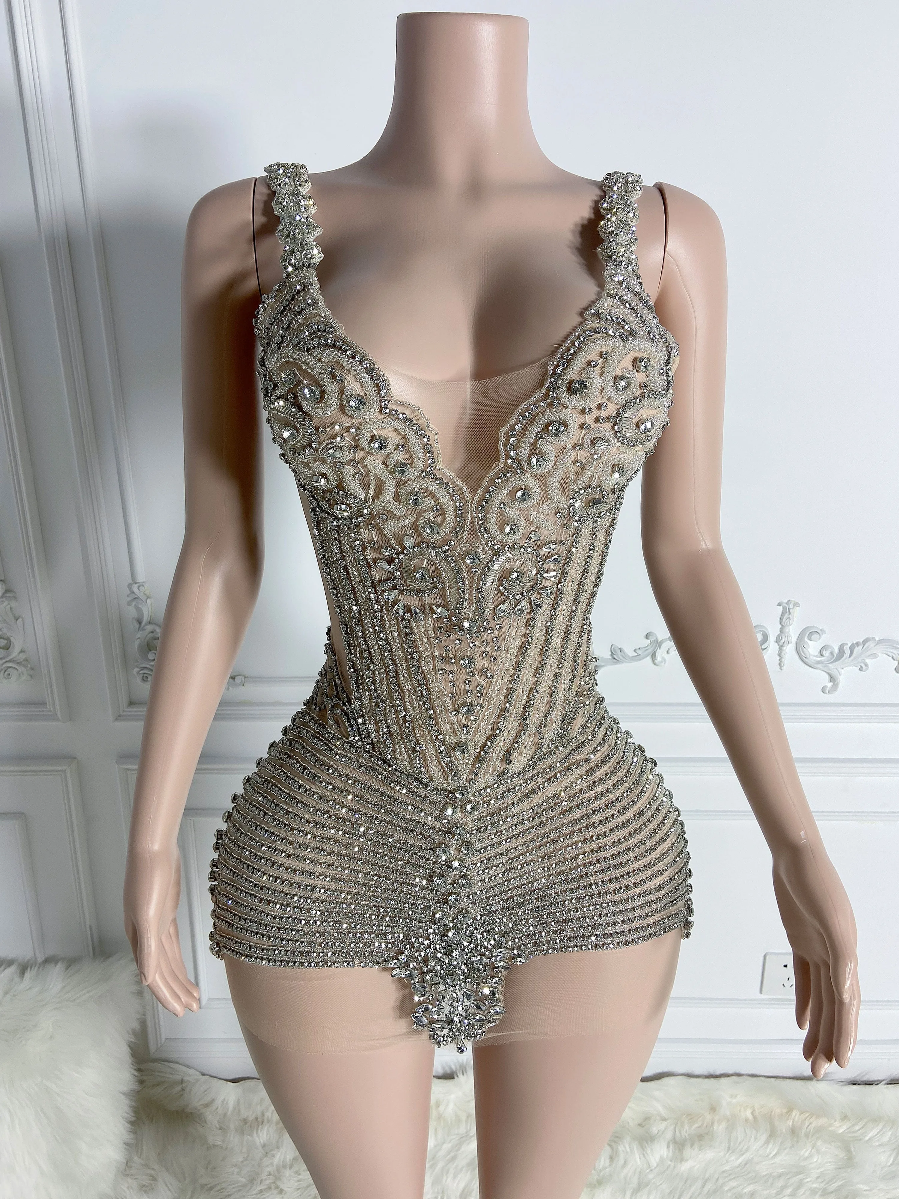 Silver Beaded Elegance Mini Dress
