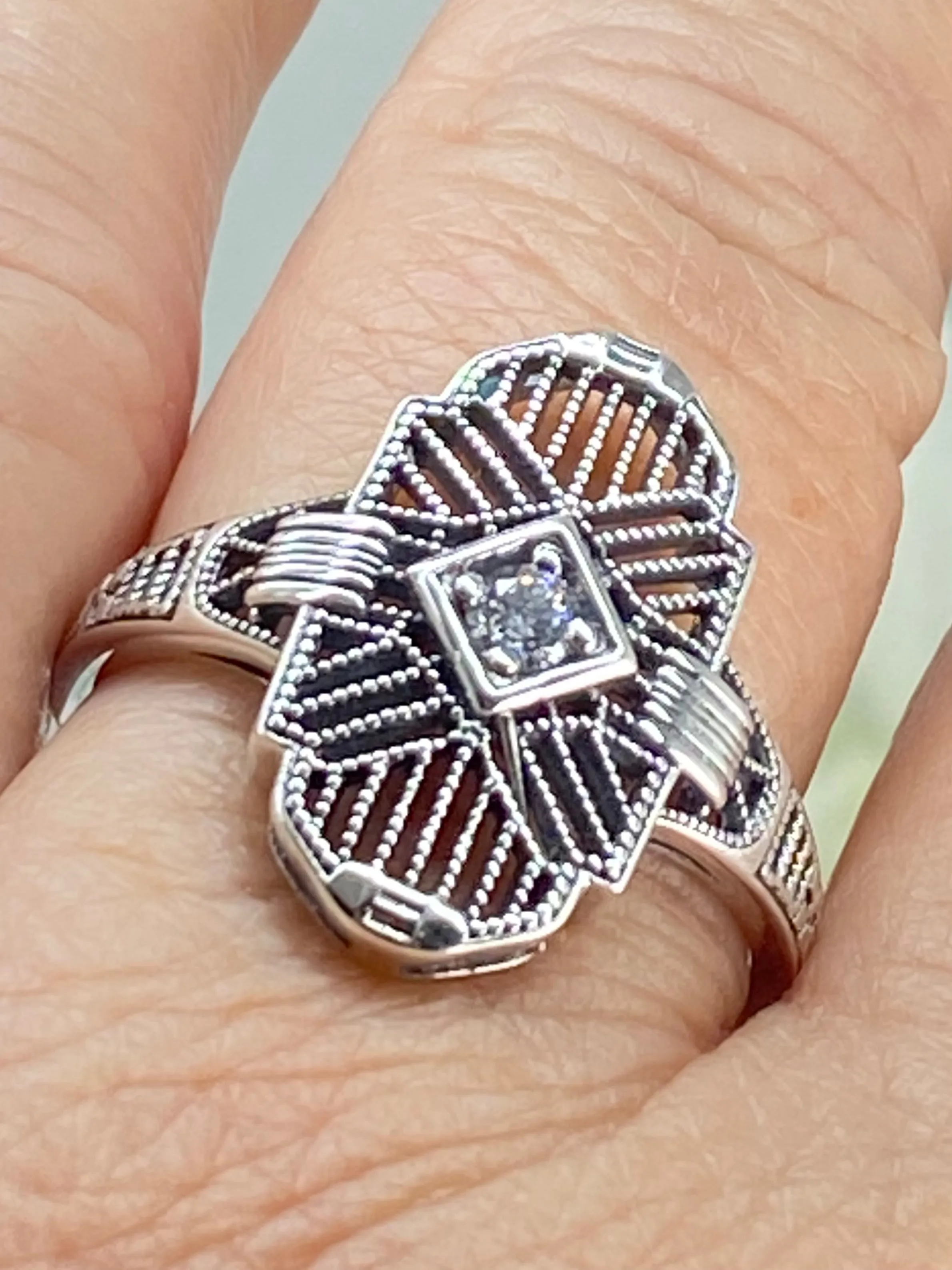 Sparkling White CZ Ring, Size 6 Tuxedo Ring, Geometric Art Deco Jewelry #D589 - Ready to Ship
