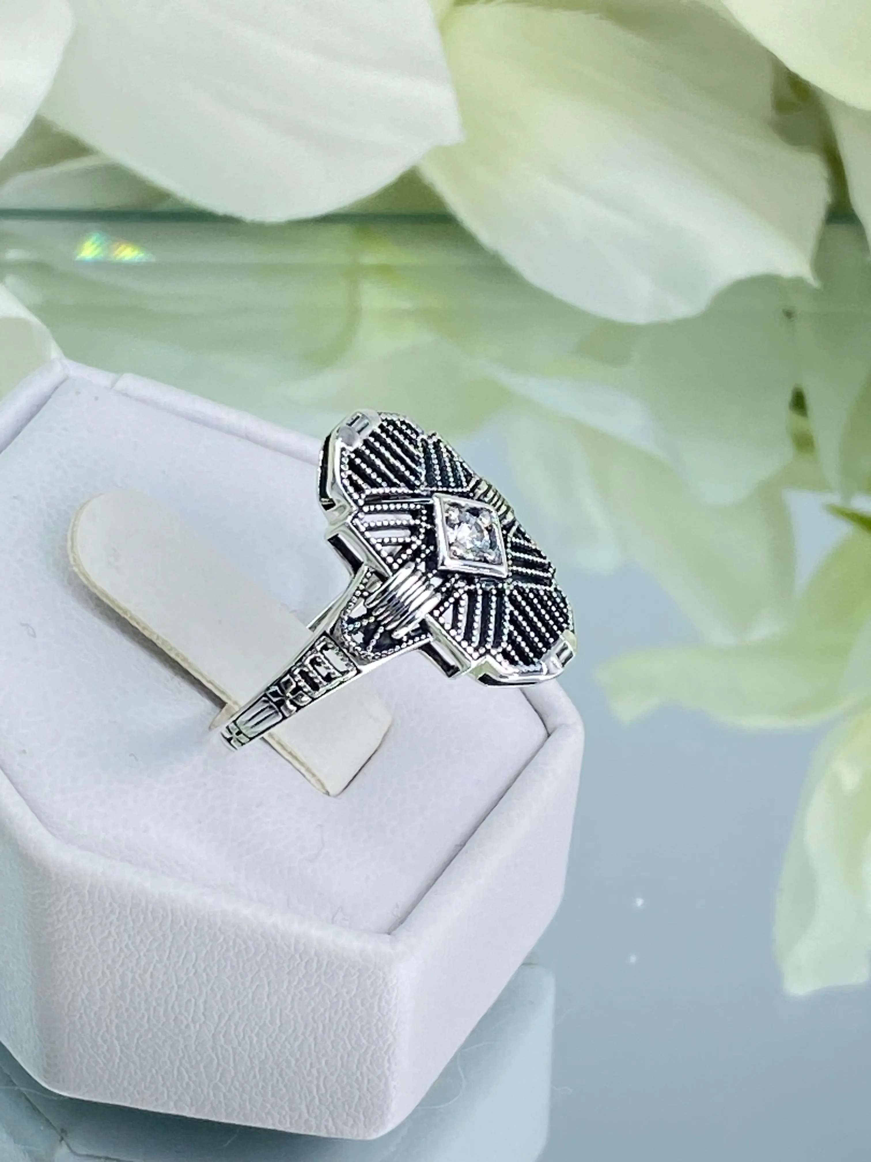 Sparkling White CZ Ring, Size 8 Tuxedo Ring, Geometric Art Deco Jewelry #D589 - Ready to Ship