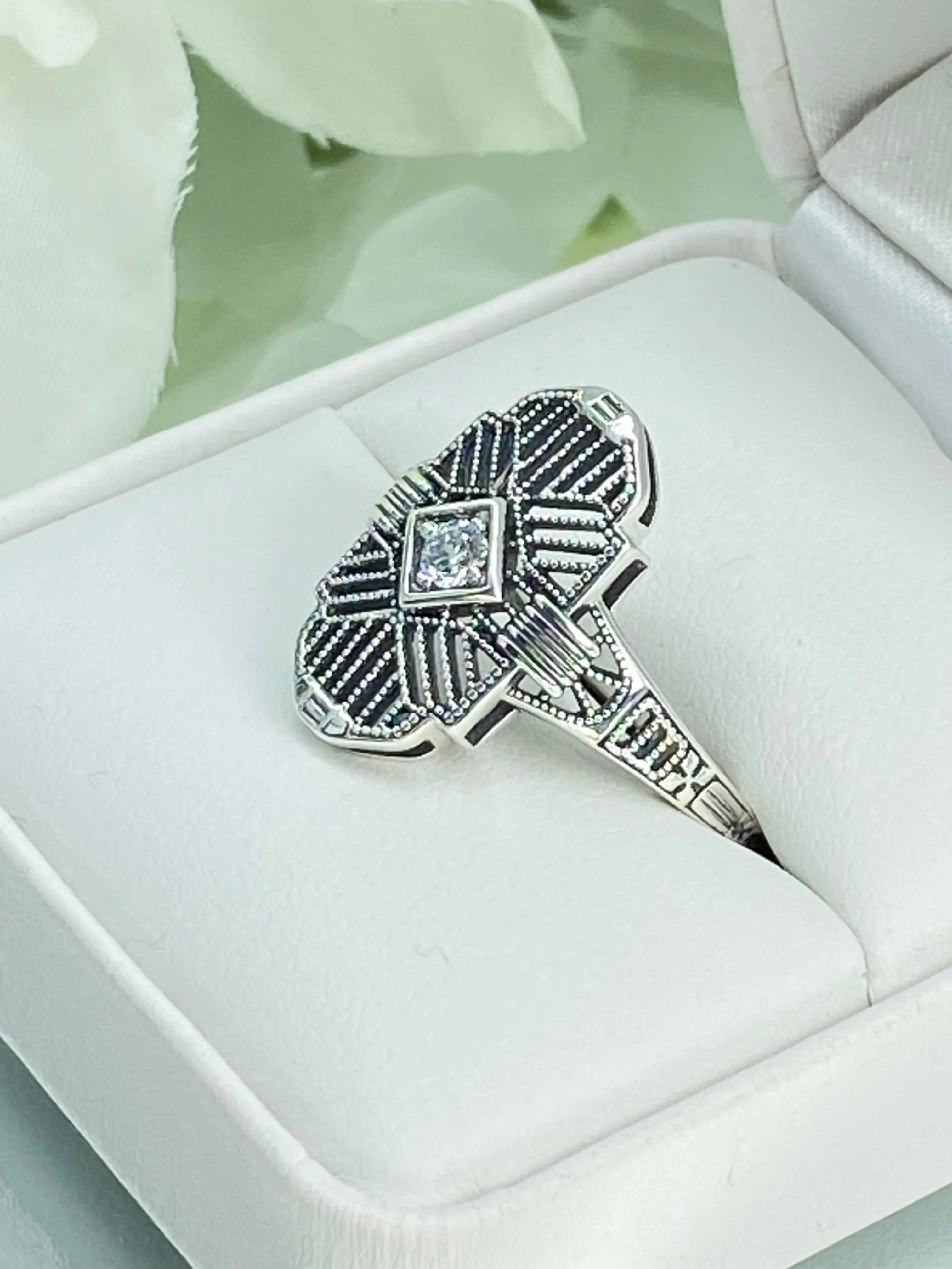 Sparkling White CZ Ring, Size 8 Tuxedo Ring, Geometric Art Deco Jewelry #D589 - Ready to Ship