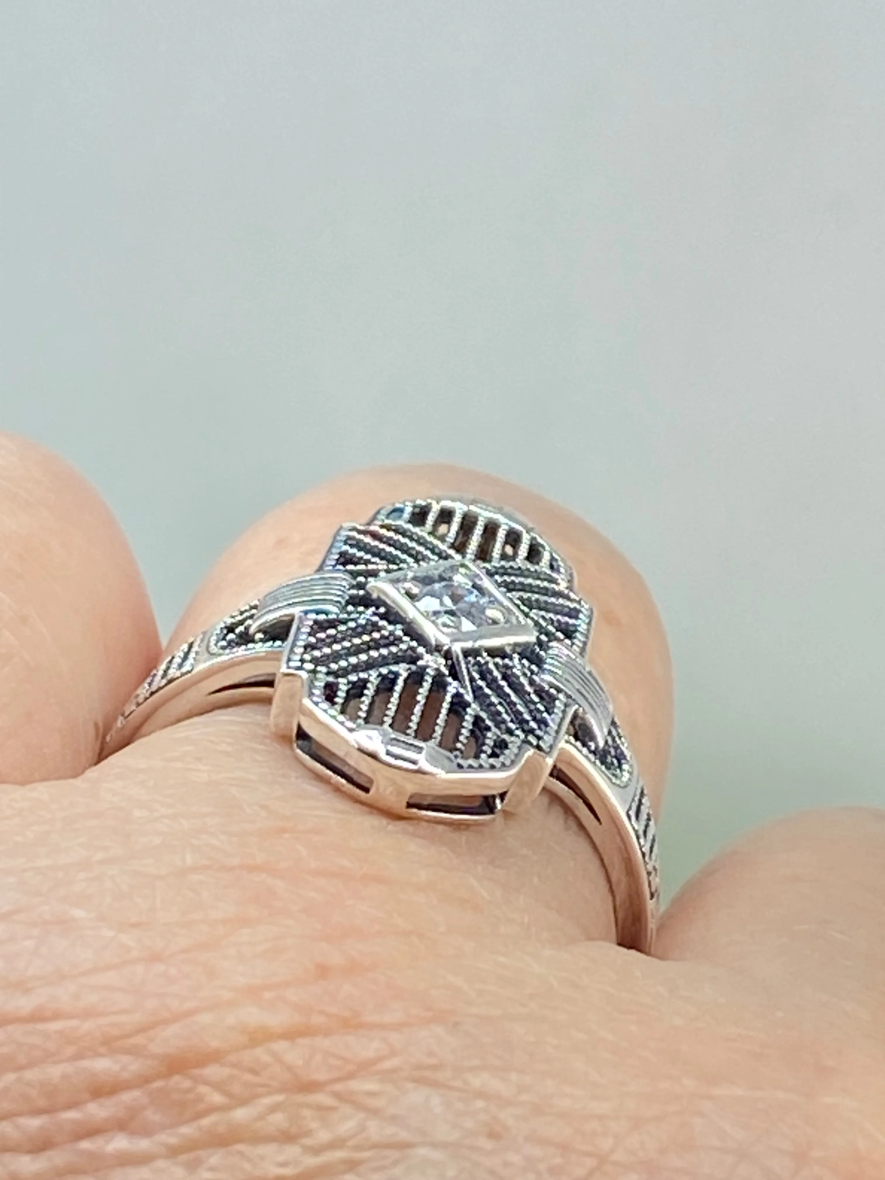 Sparkling White CZ Ring, Size 8 Tuxedo Ring, Geometric Art Deco Jewelry #D589 - Ready to Ship