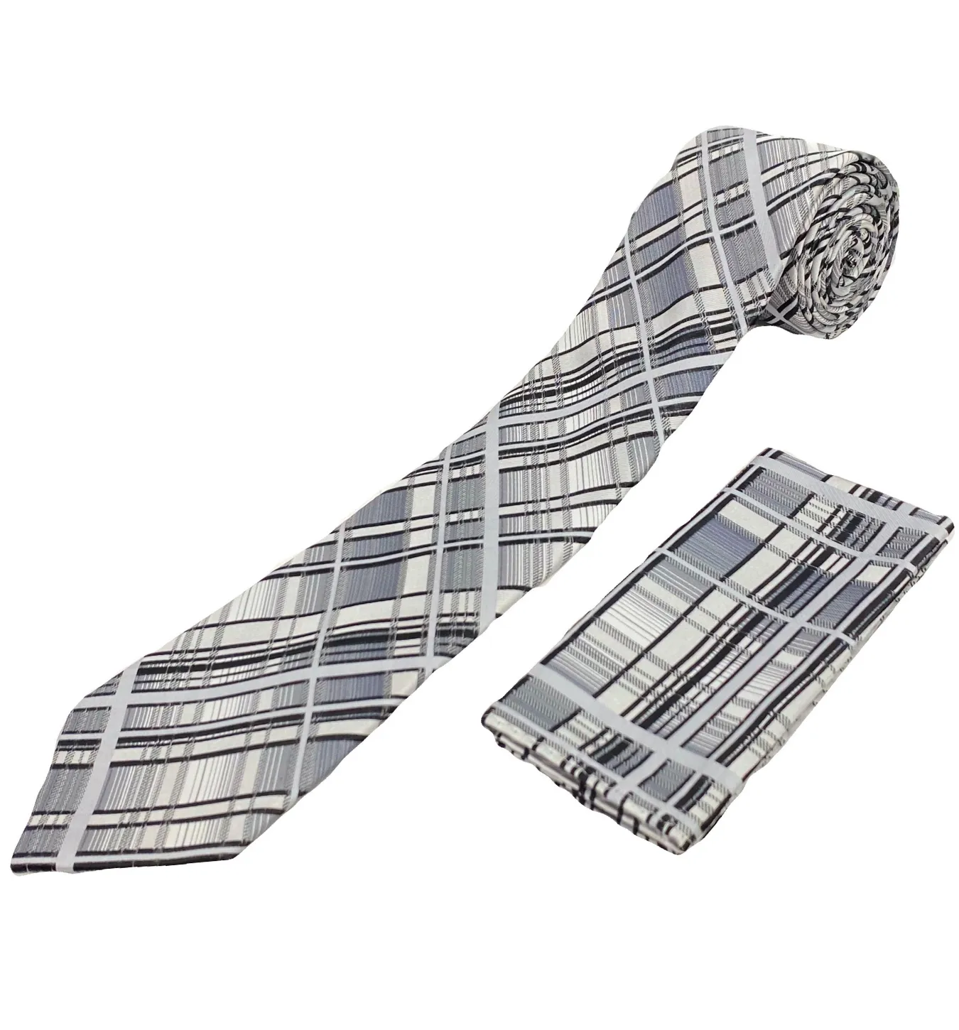 Stacy Adams Tie and Handkerchief - Grey Plaid T32