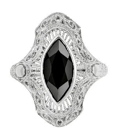 Sterling Silver Filigree Marquise Black Onyx Art Deco Cocktail Ring