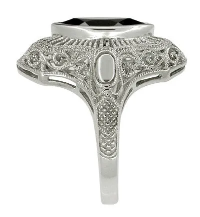 Sterling Silver Filigree Marquise Black Onyx Art Deco Cocktail Ring