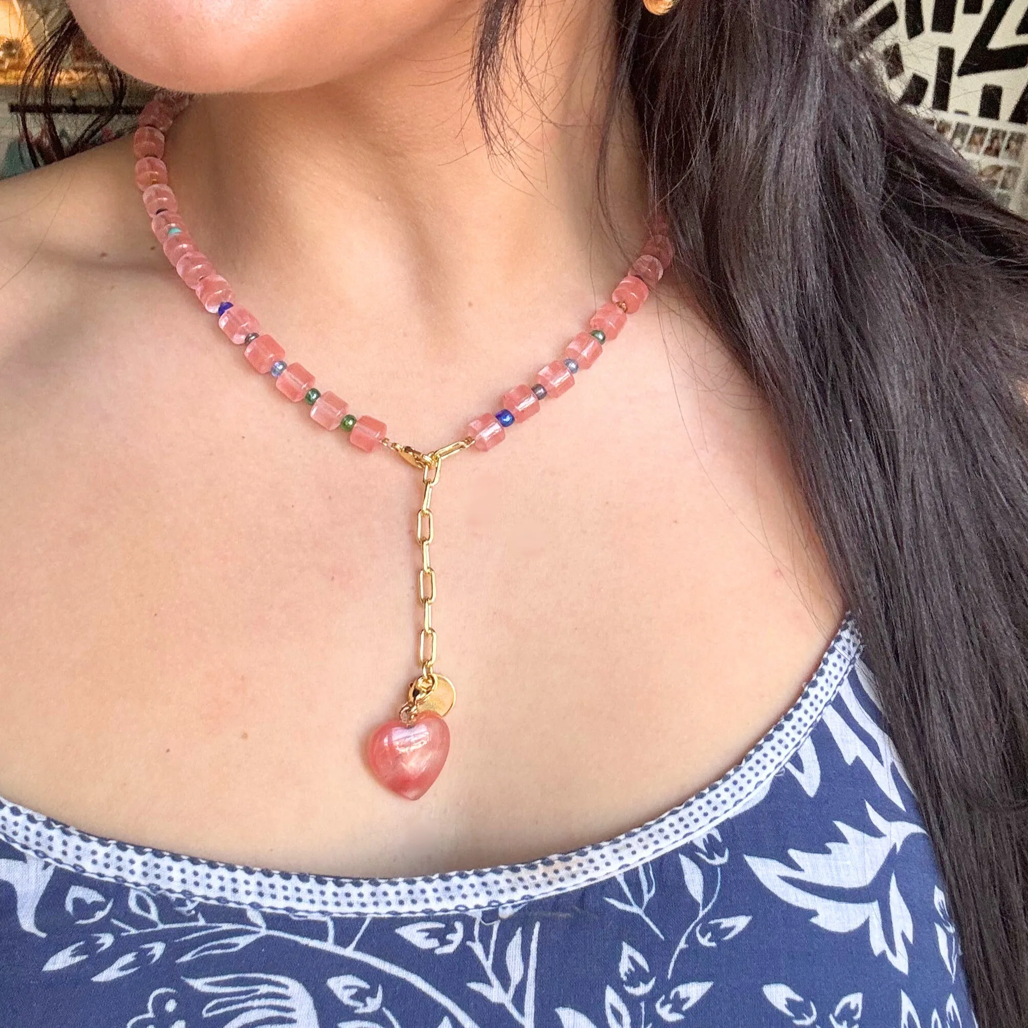 Stone Heart Necklace Cherry Quartz
