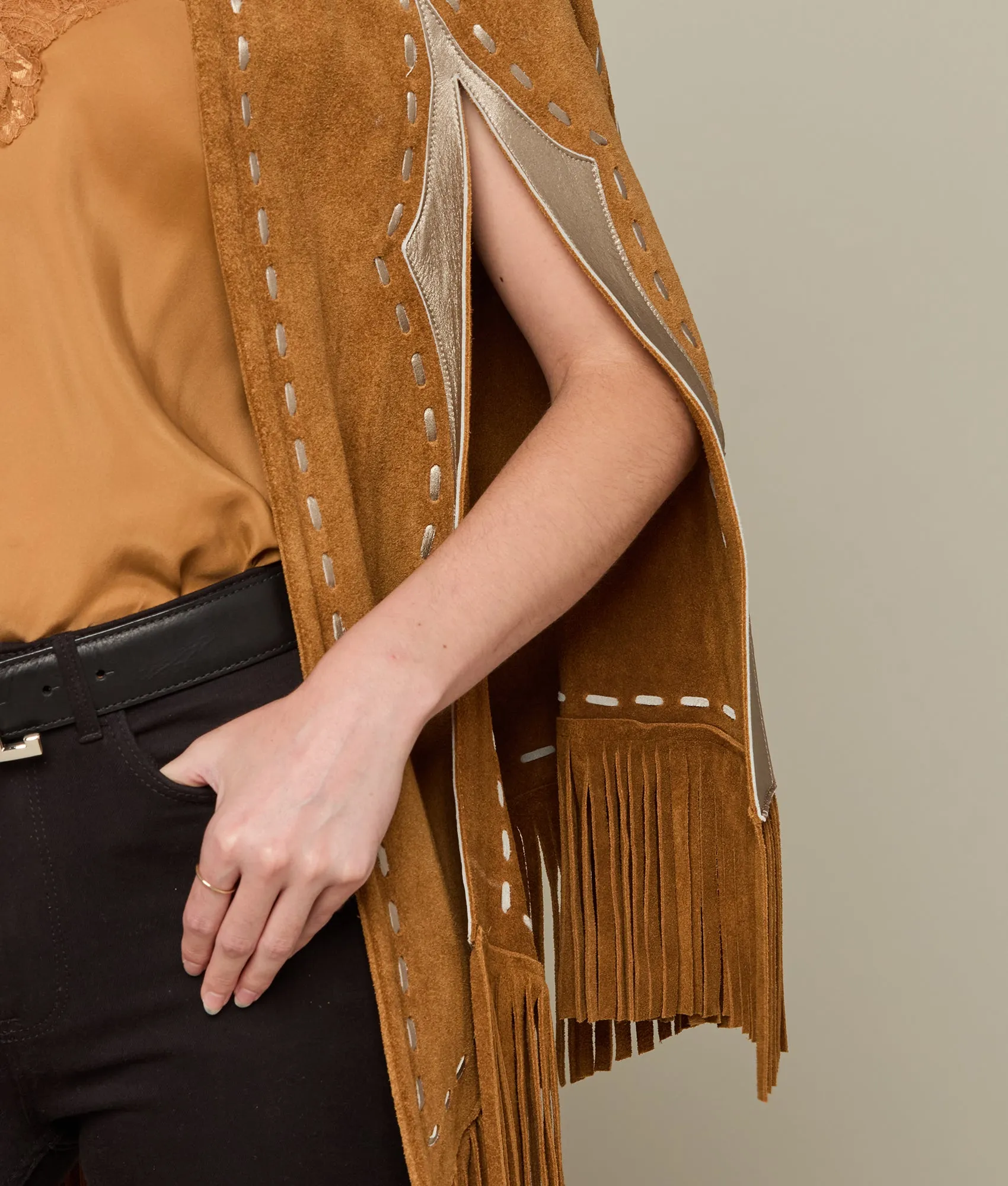 Sueded Fringe Cape :: Carmel