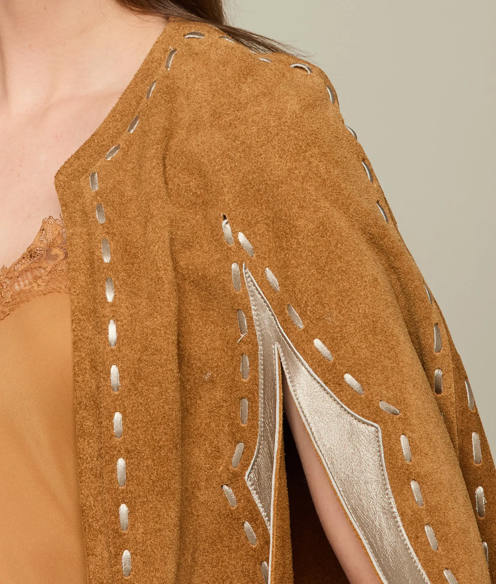 Sueded Fringe Cape :: Carmel