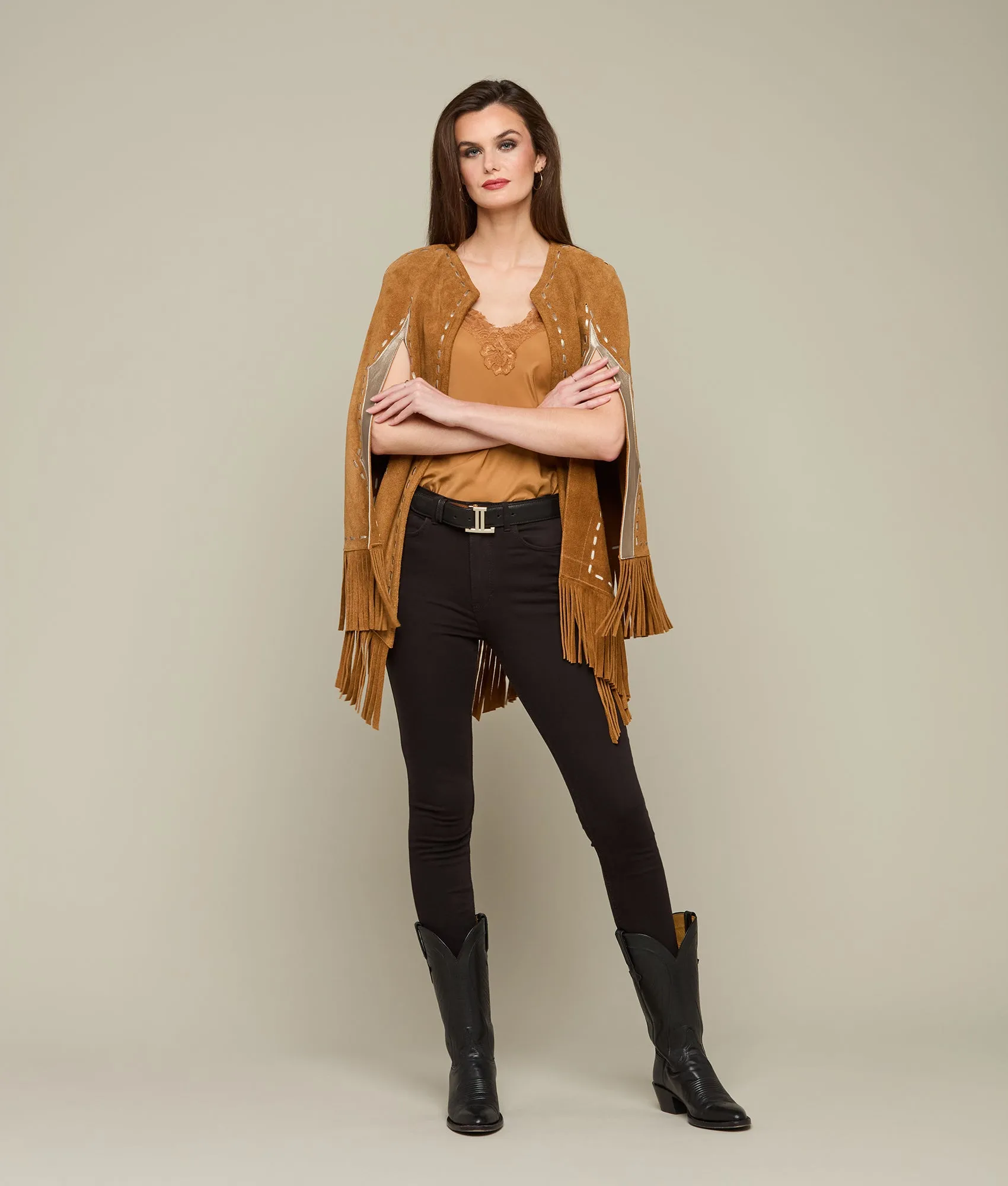 Sueded Fringe Cape :: Carmel