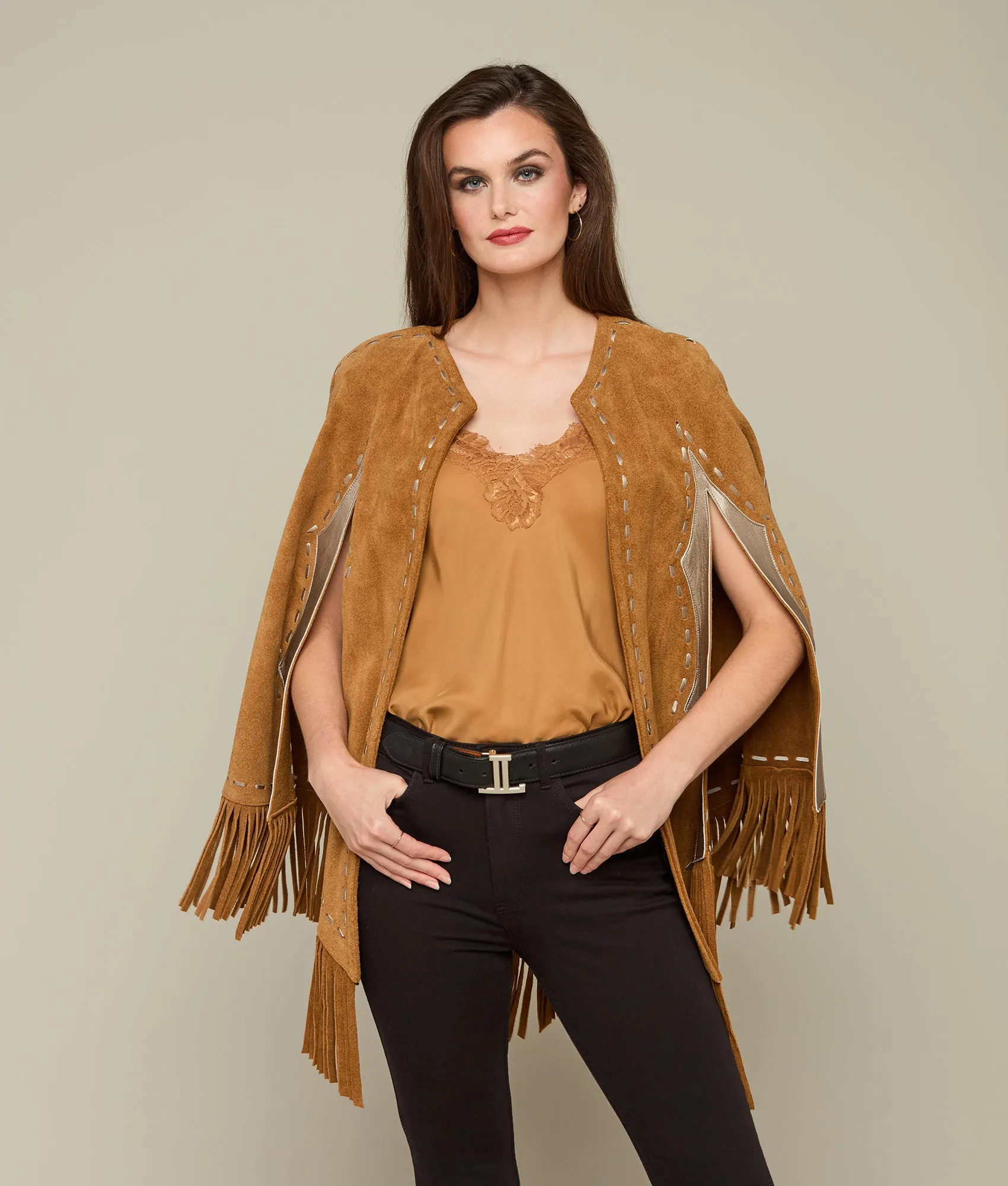 Sueded Fringe Cape :: Carmel