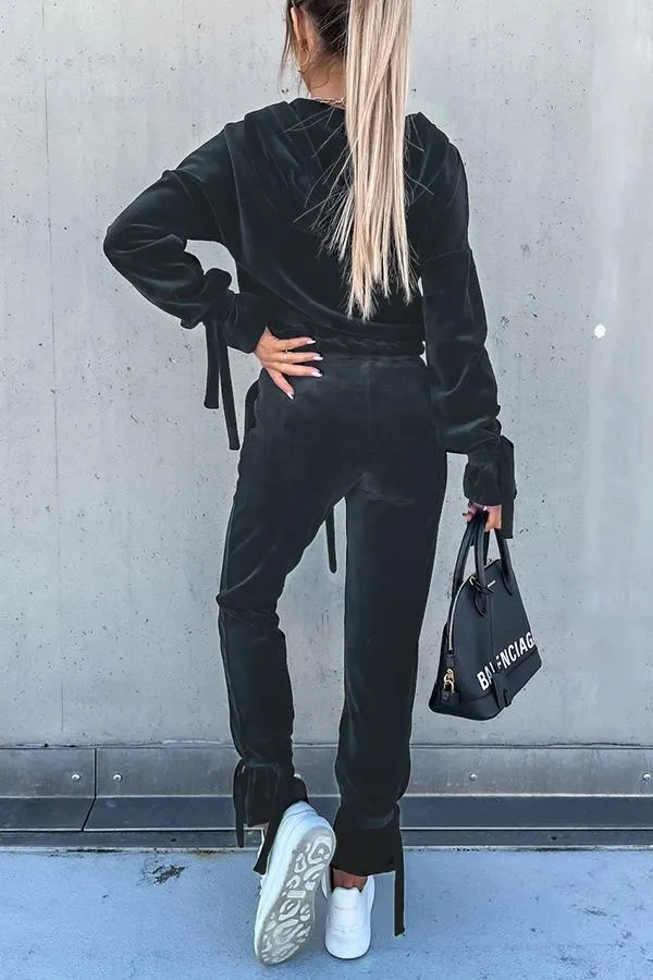 The Fashion Week Velvet Tie Front Hoodies &Joggers Set