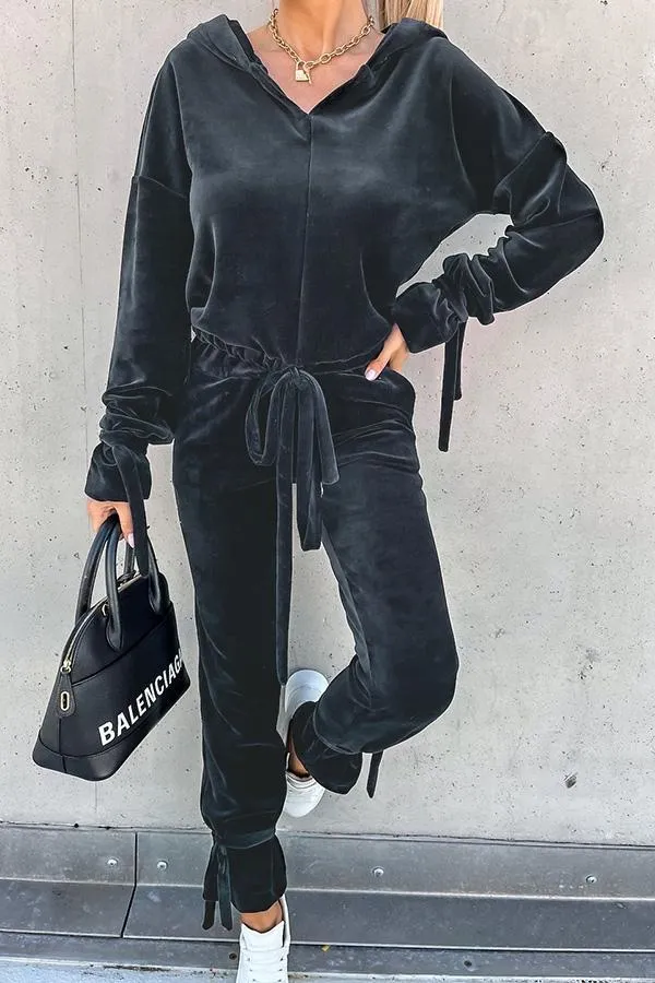 The Fashion Week Velvet Tie Front Hoodies &Joggers Set