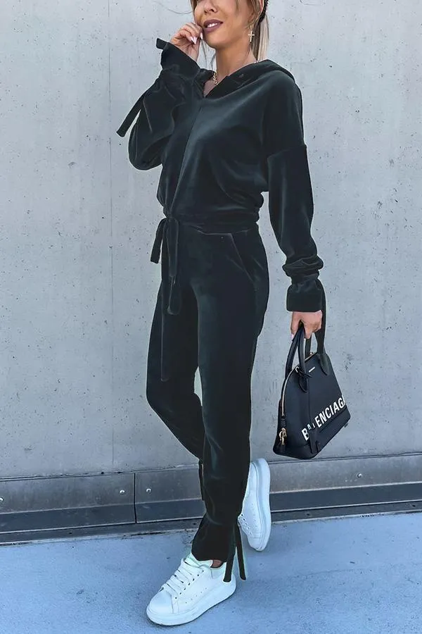 The Fashion Week Velvet Tie Front Hoodies &Joggers Set