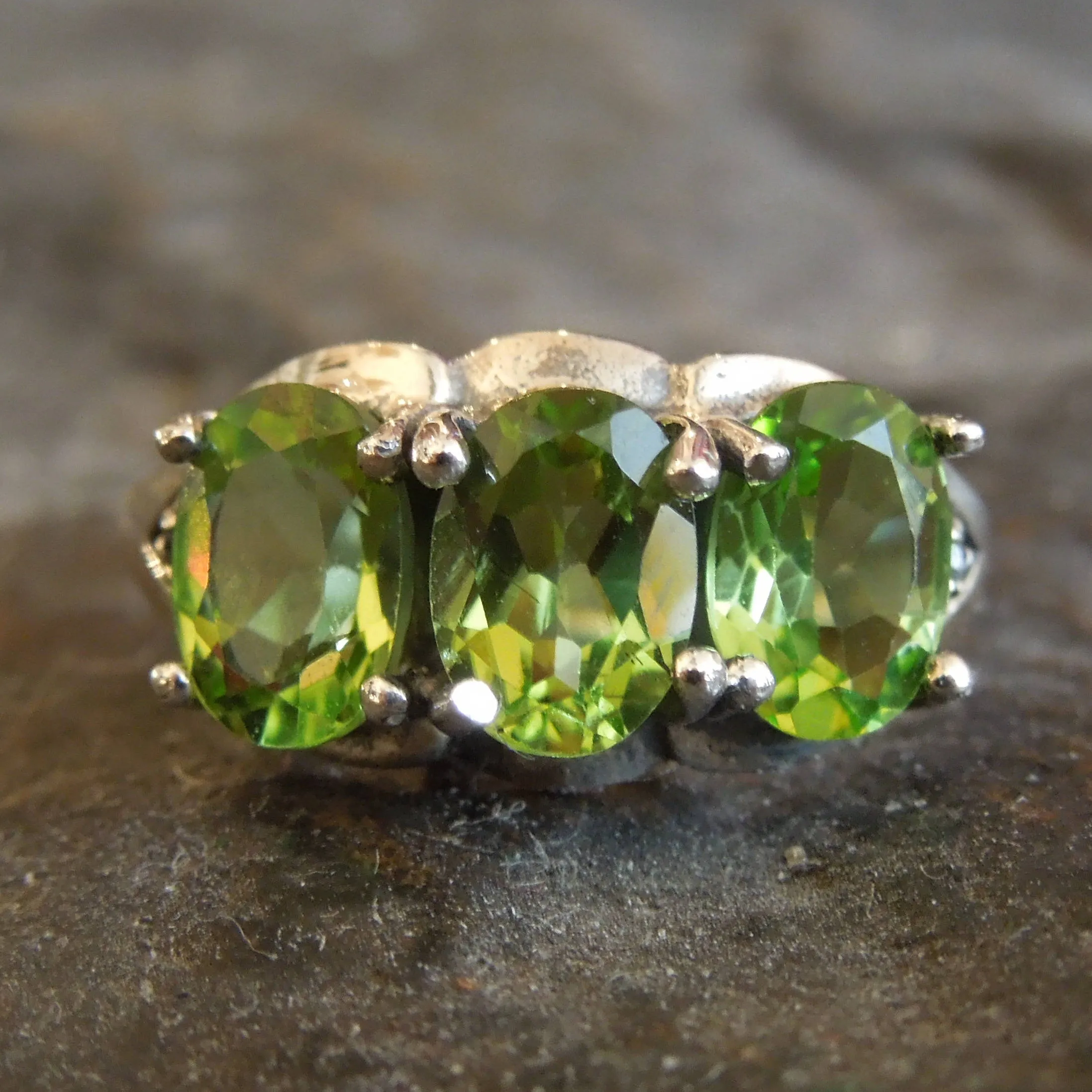 Three Stone Peridot and Sterling Silver Ring