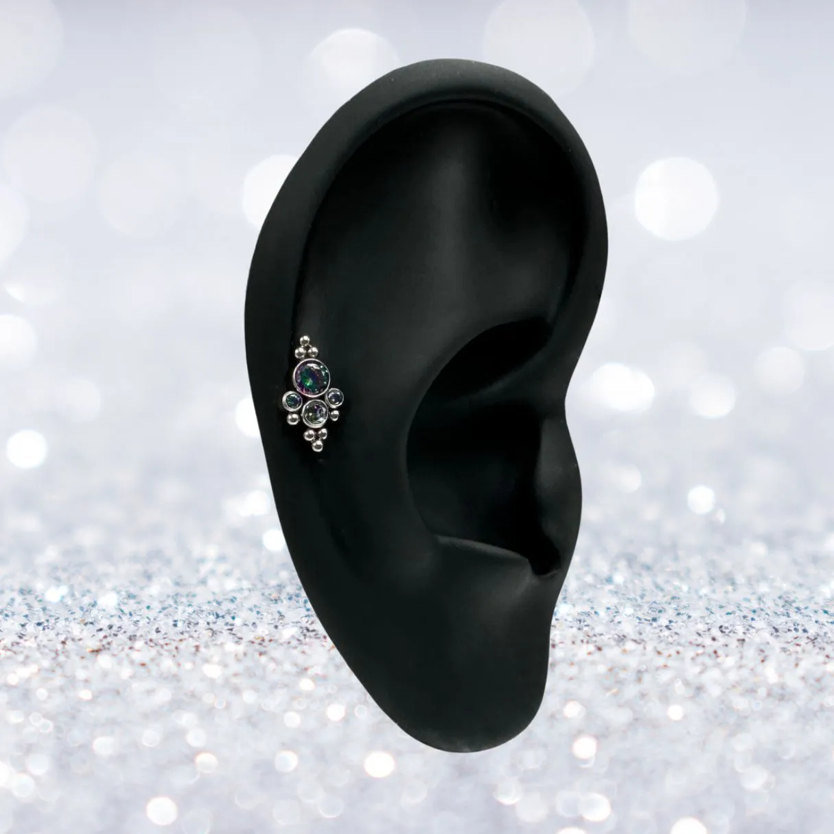 Titanium Internally Threaded Flat Back CZ Bezel and Beaded Ball Cluster Earring