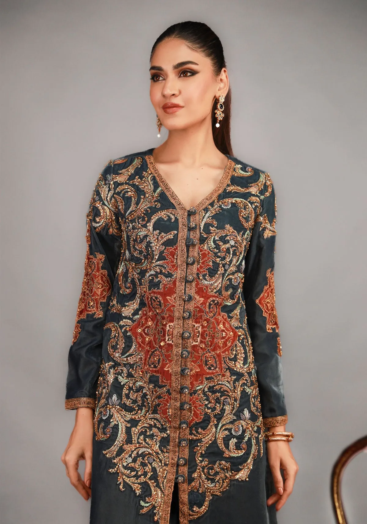 Two-Piece Dark Night Blue Front-Open Mid-Length Set Shirt