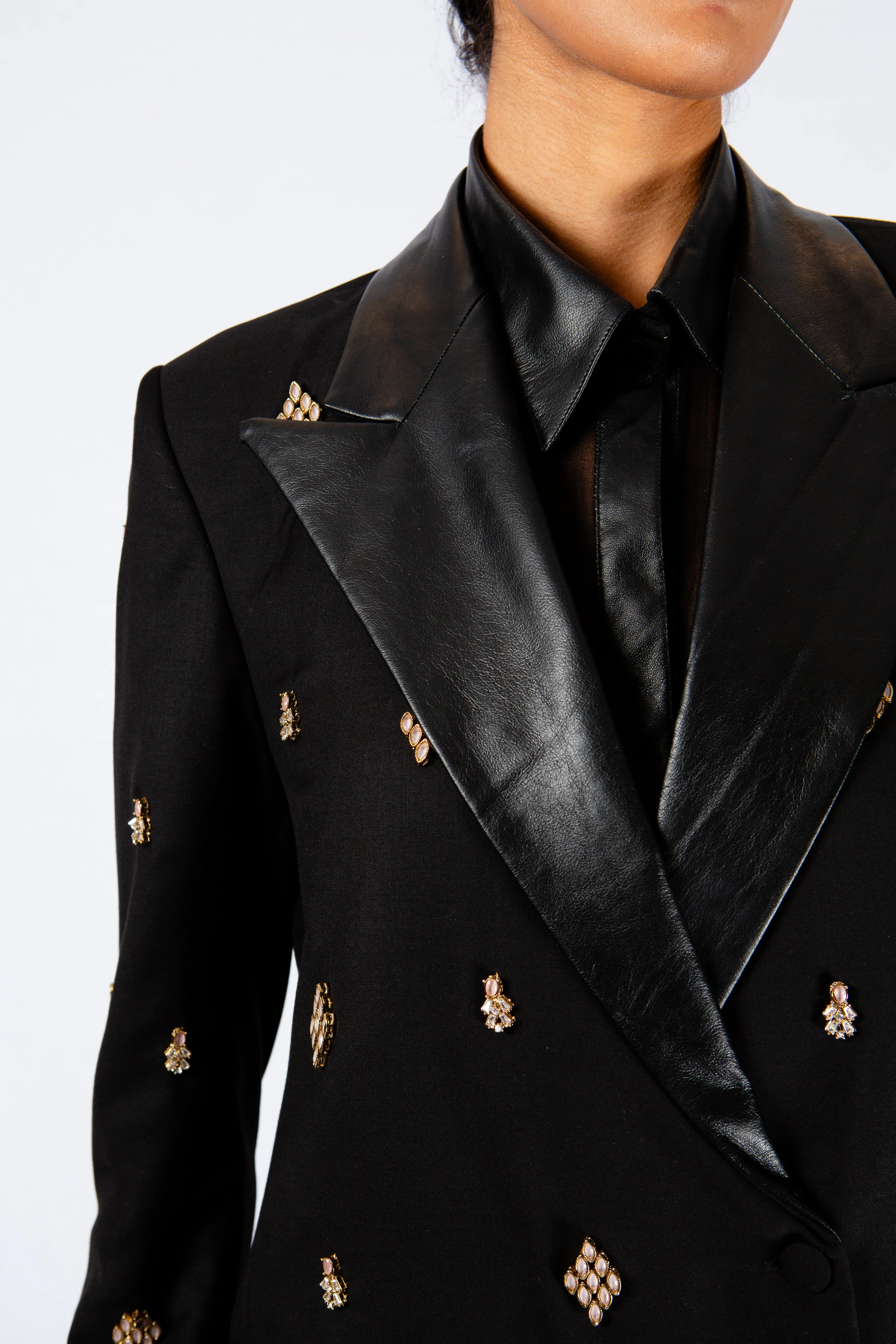URBAN NOIR LEATHER-TRIMMED POWER BLAZER