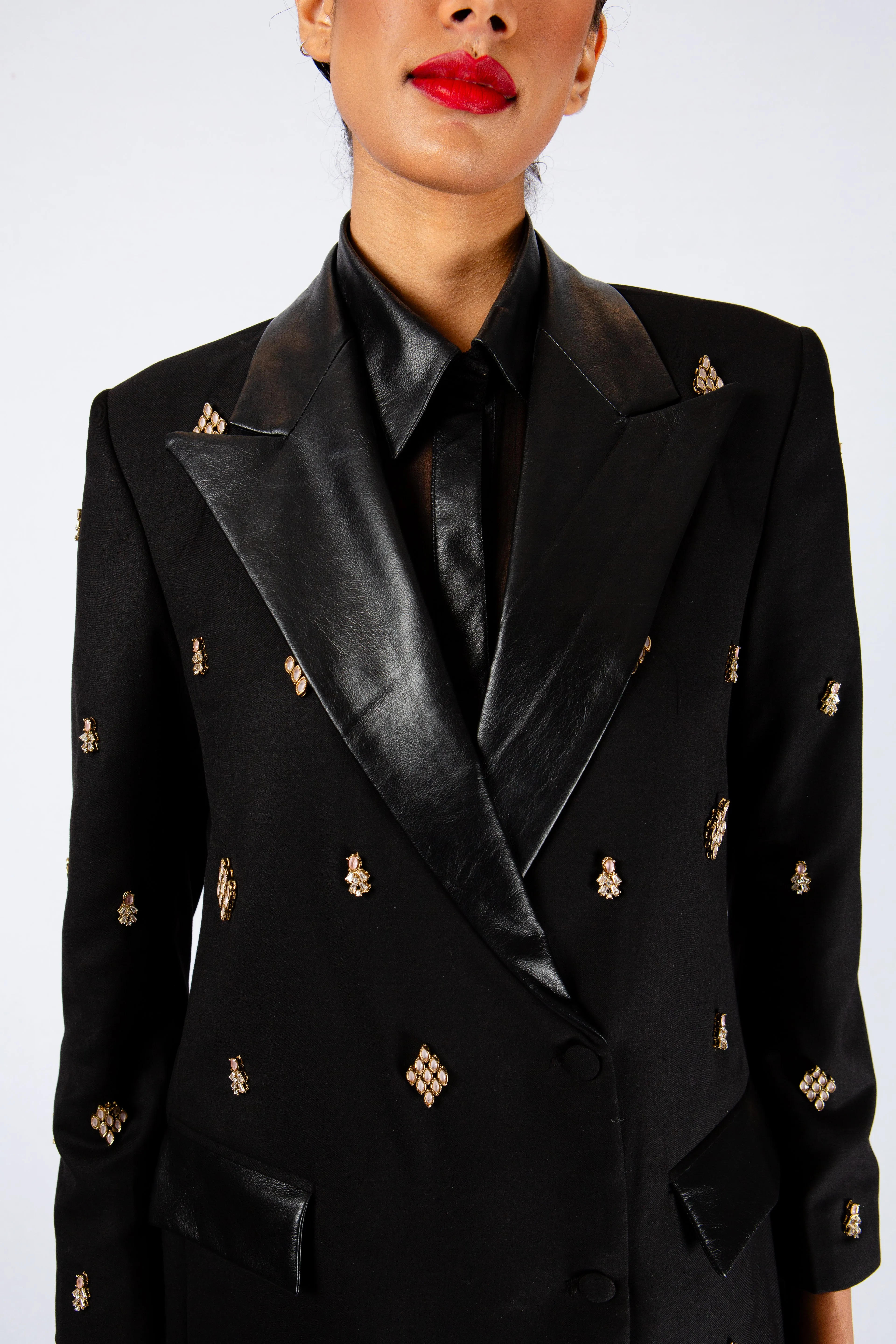 URBAN NOIR LEATHER-TRIMMED POWER BLAZER