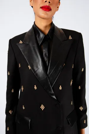 URBAN NOIR LEATHER-TRIMMED POWER BLAZER