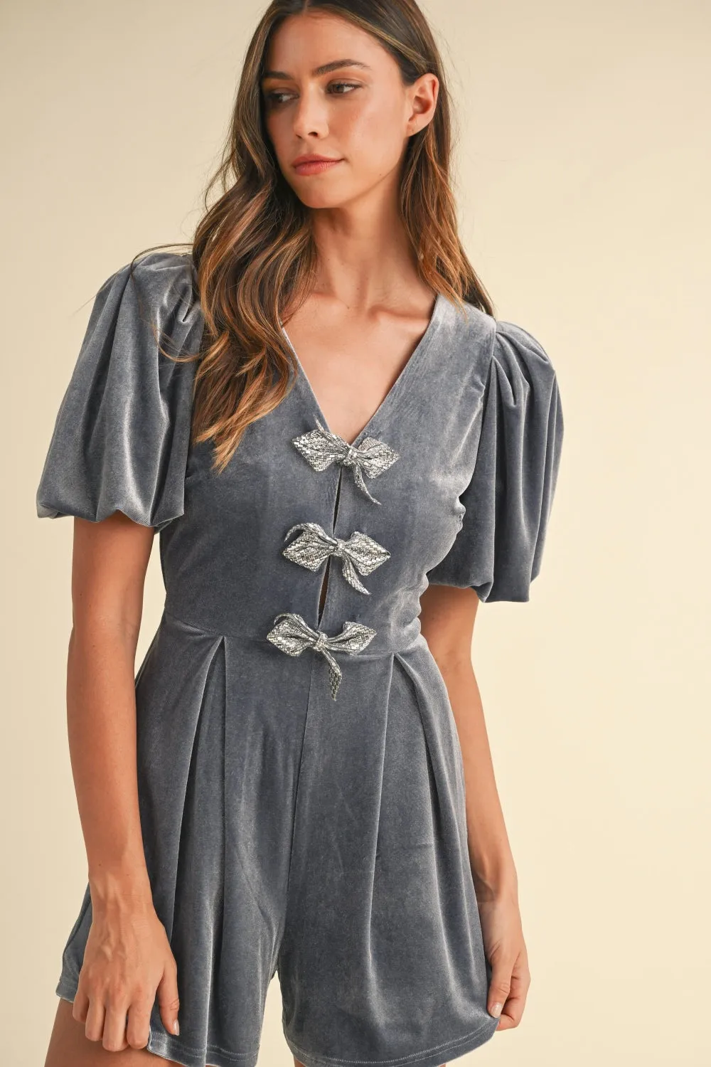 Velvet Elegance Jewel Bow Romper