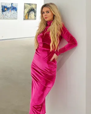 Velvet High Neck Midi Bodycon Dress