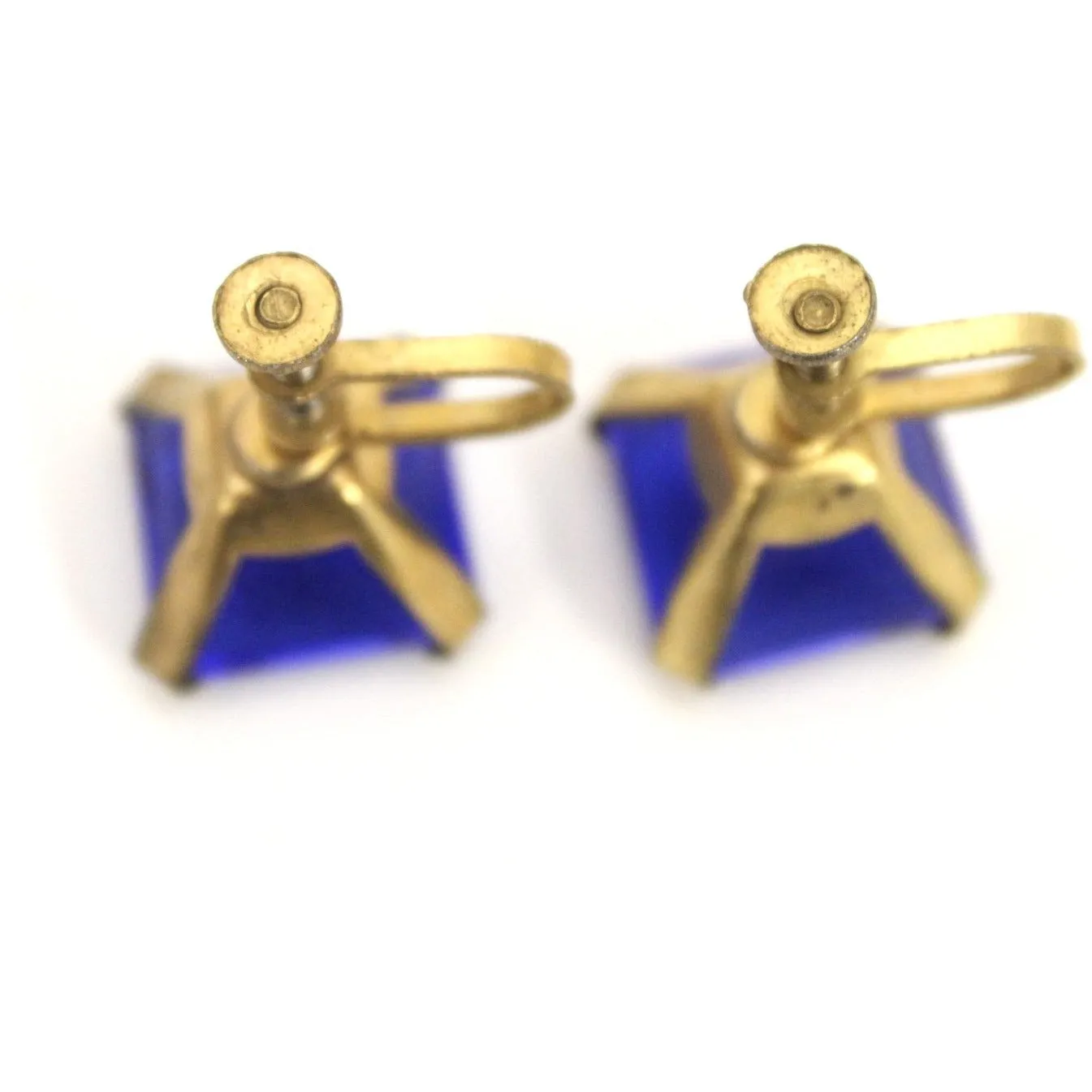 Vintage 1920s Earrings Cobalt Blue Glass Square Faceted Brass Screw Back 9/16" Art Deco Gatsby