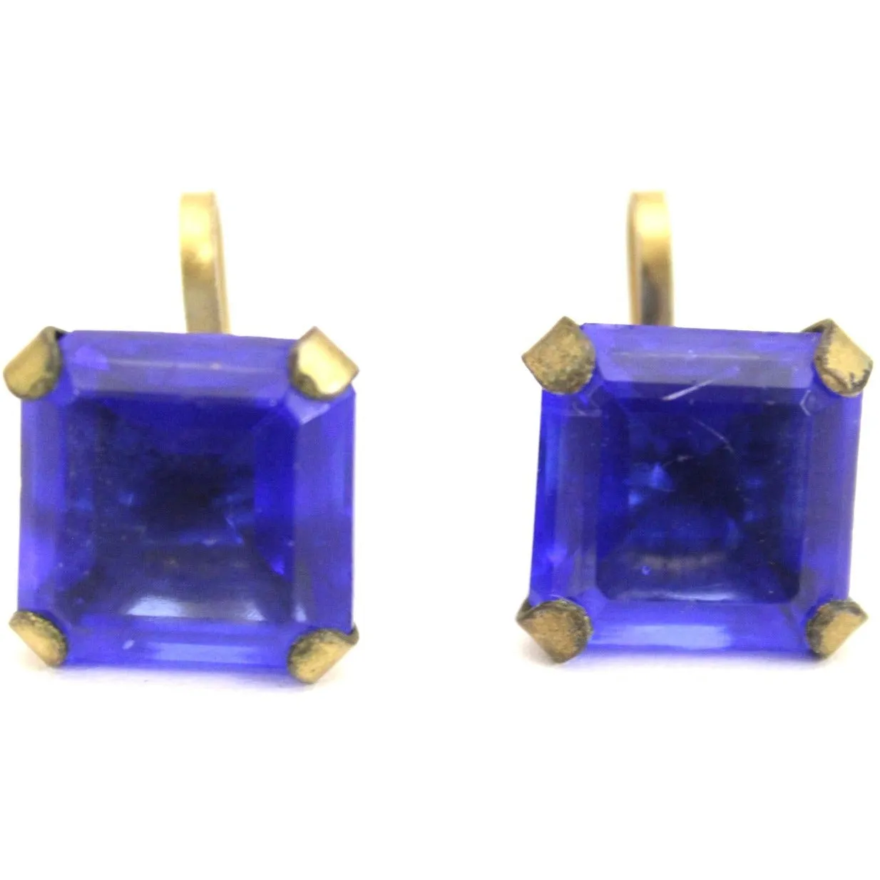 Vintage 1920s Earrings Cobalt Blue Glass Square Faceted Brass Screw Back 9/16" Art Deco Gatsby