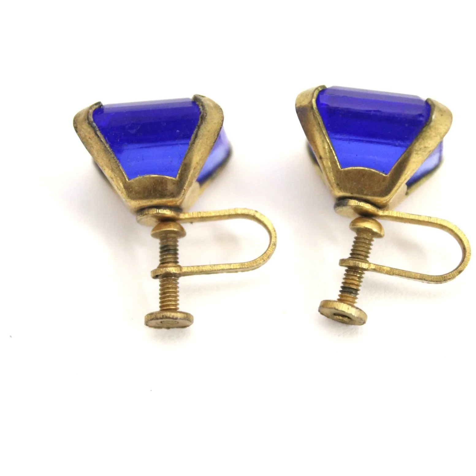 Vintage 1920s Earrings Cobalt Blue Glass Square Faceted Brass Screw Back 9/16" Art Deco Gatsby