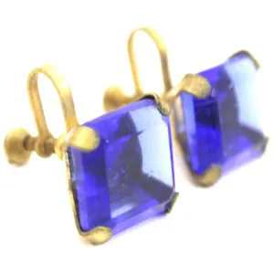 Vintage 1920s Earrings Cobalt Blue Glass Square Faceted Brass Screw Back 9/16" Art Deco Gatsby