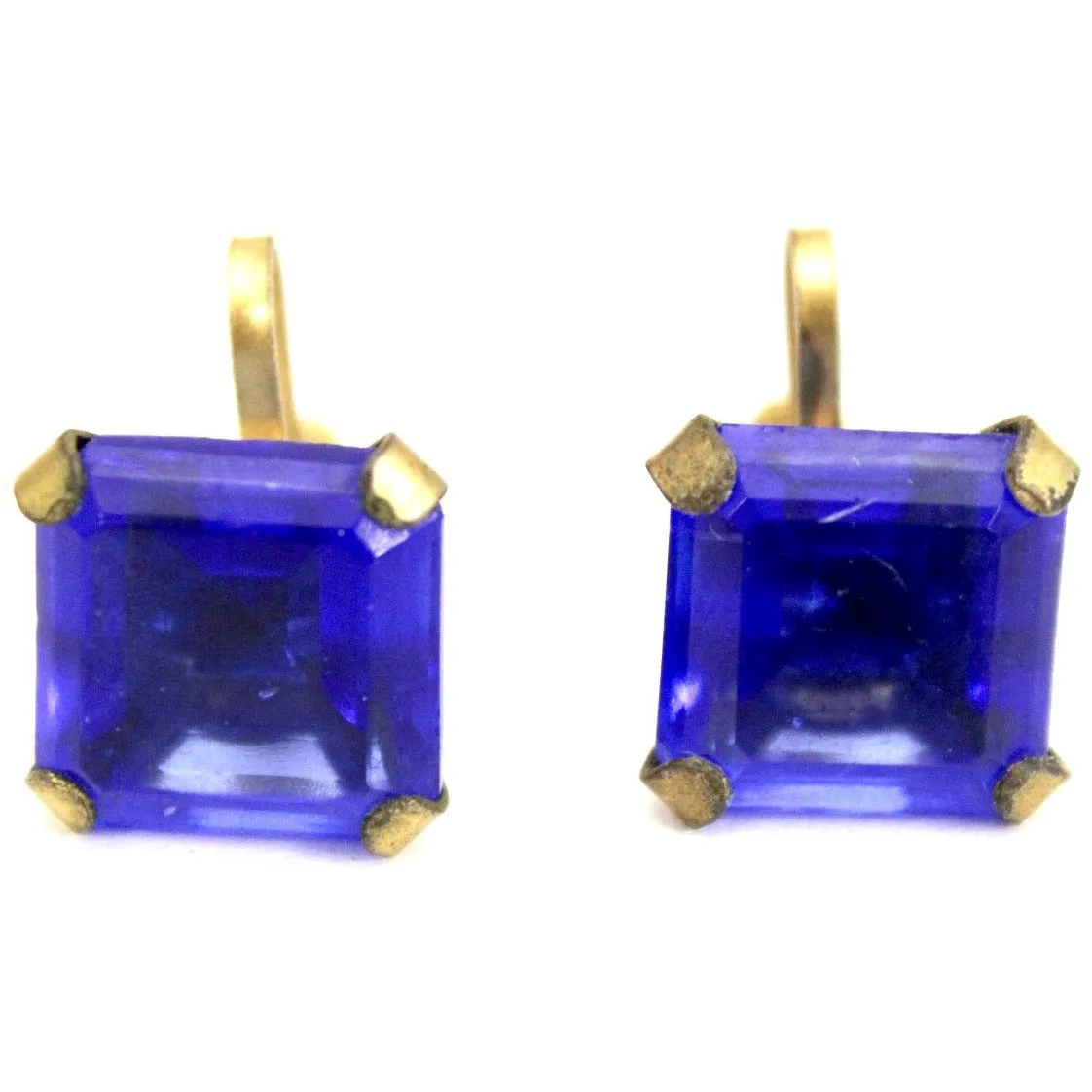 Vintage 1920s Earrings Cobalt Blue Glass Square Faceted Brass Screw Back 9/16" Art Deco Gatsby