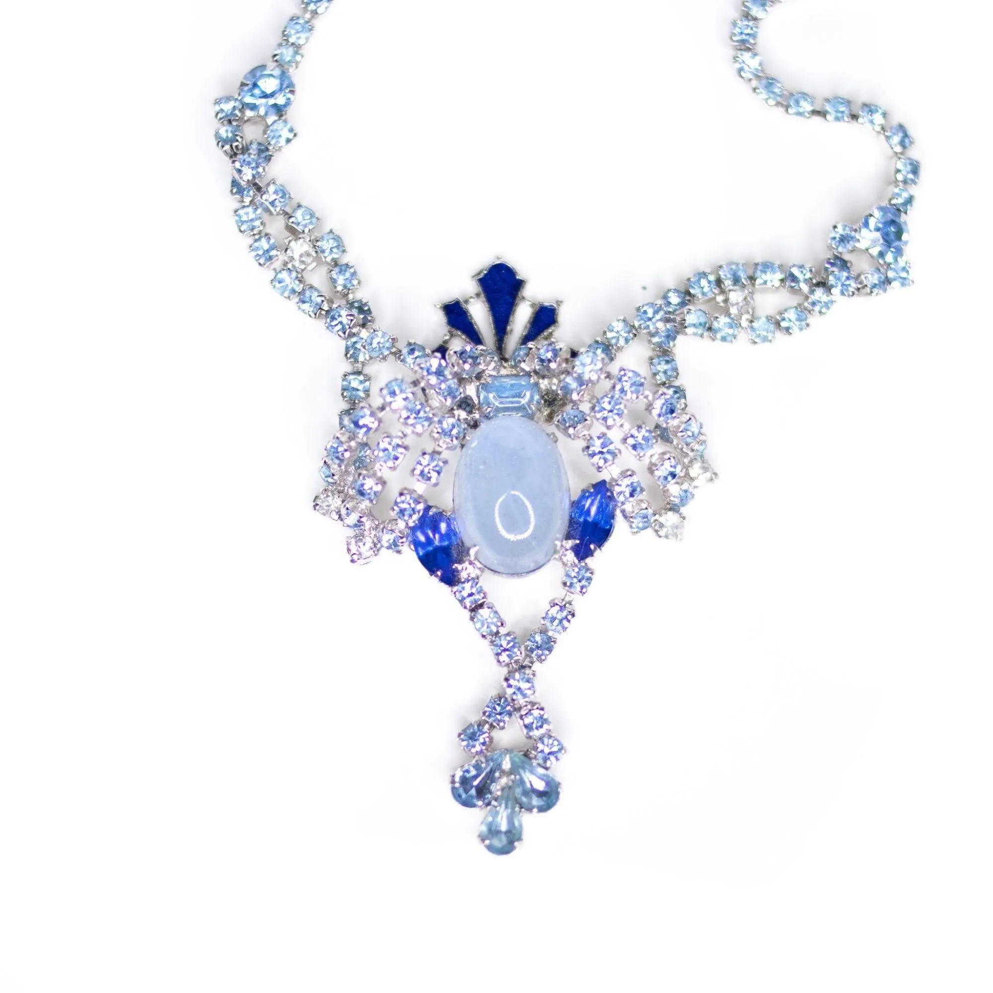Vintage Art Deco Blue Moonstone and Rhinestone Statement Necklace