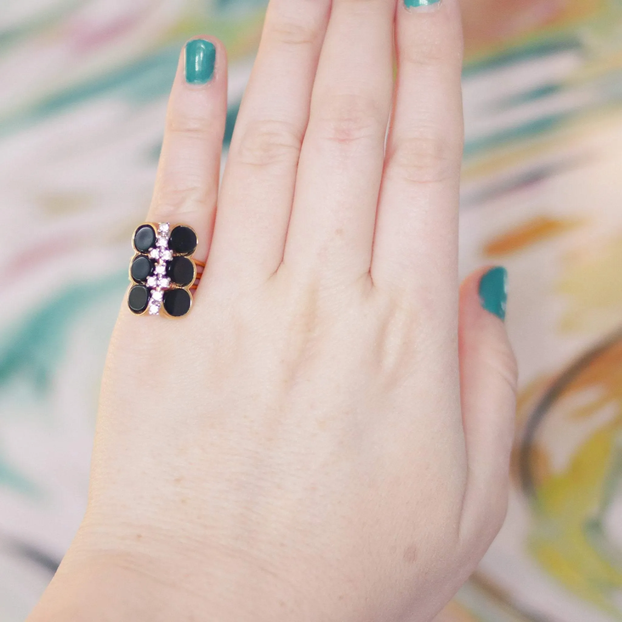 Vintage Art Deco Inspired Cocktail Ring with Jet Discs and Diamante Crystals
