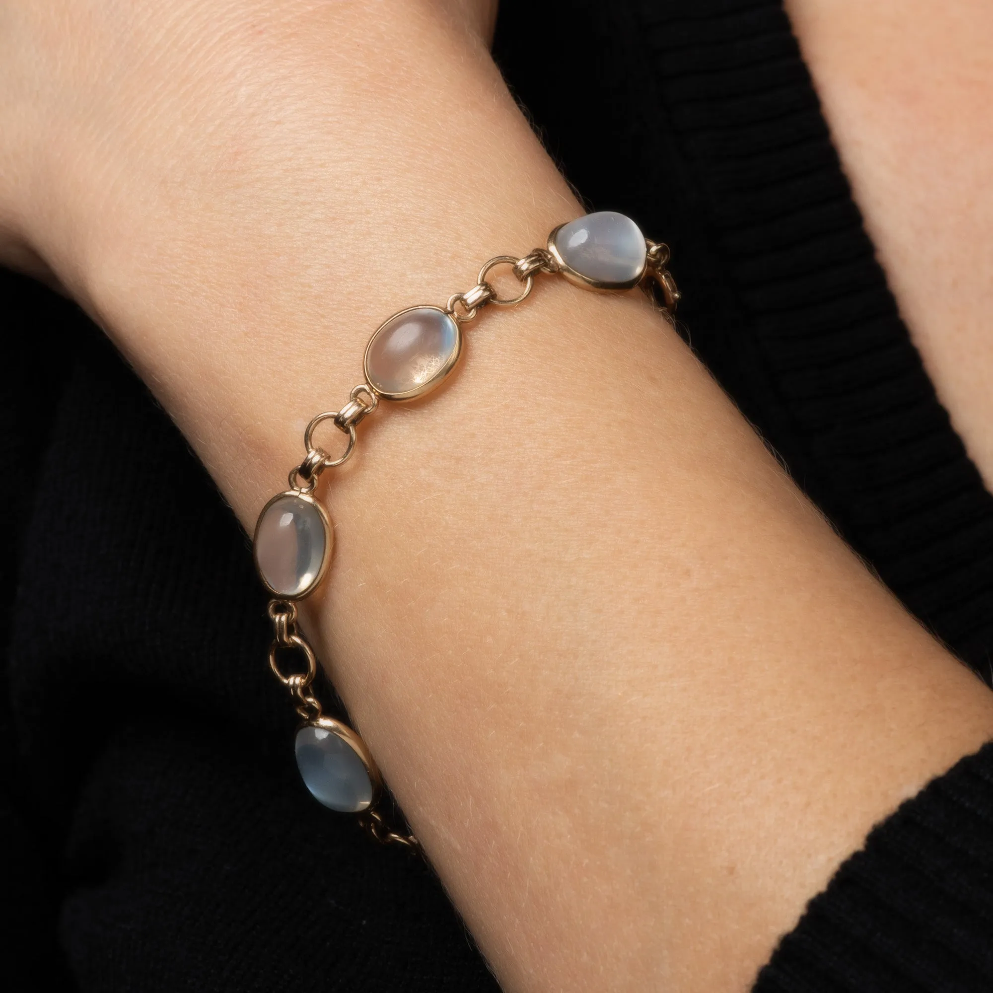 Vintage Art Deco Moonstone Bracelet 14k Yellow Gold 7" Estate Fine Jewelry