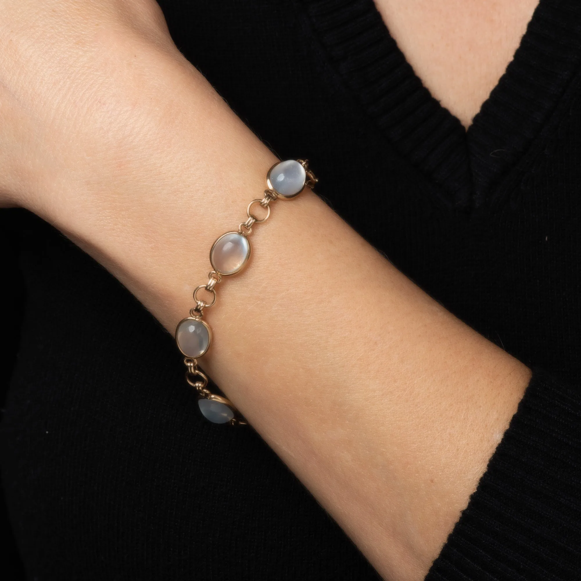 Vintage Art Deco Moonstone Bracelet 14k Yellow Gold 7" Estate Fine Jewelry