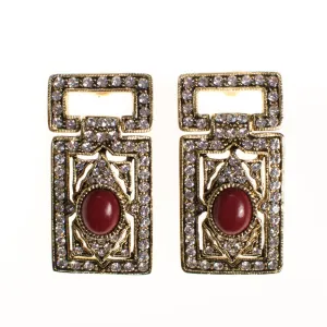Vintage Art Deco Revival Gold Statement Earrings with Rhinestones and Carnelian Lucite Cabochon