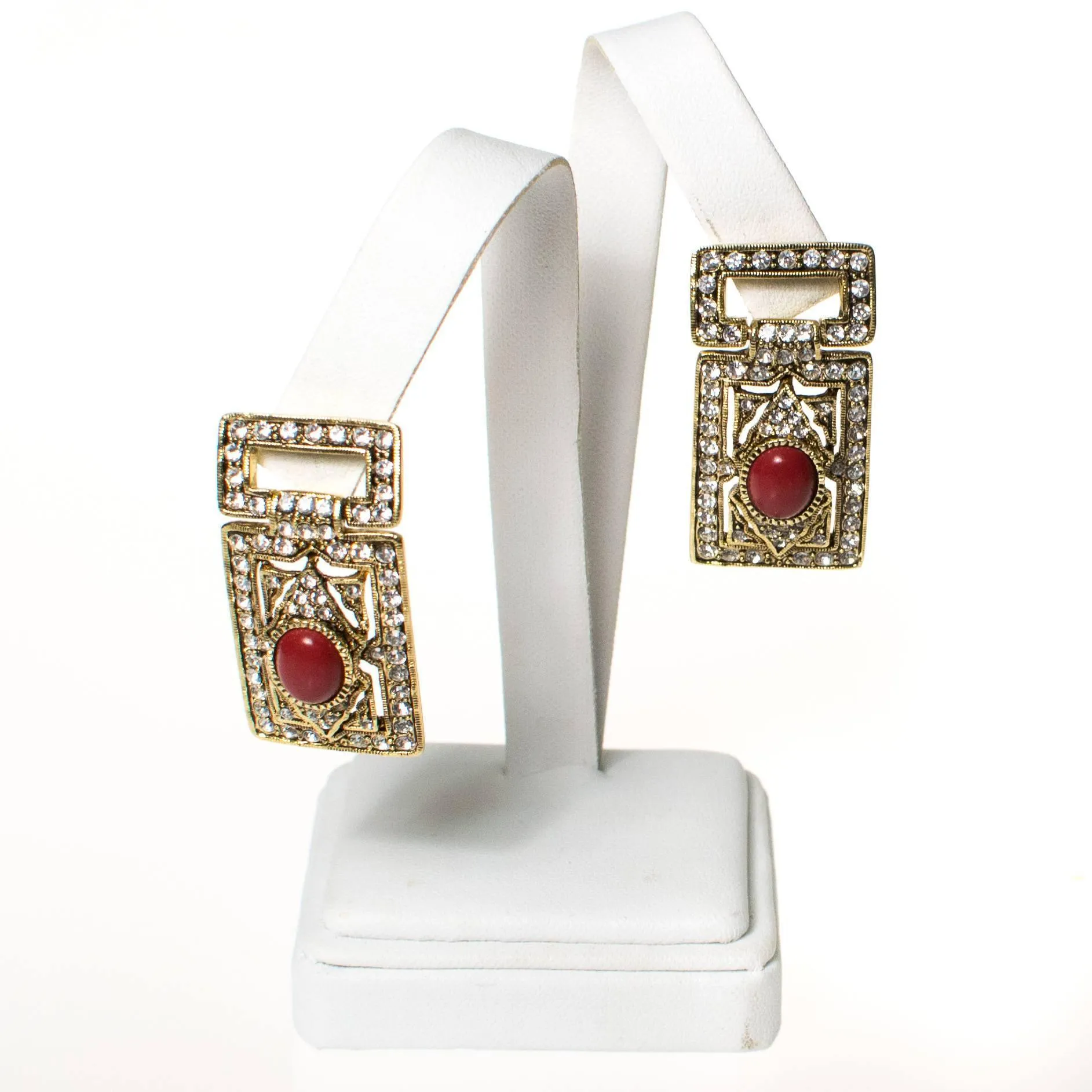 Vintage Art Deco Revival Gold Statement Earrings with Rhinestones and Carnelian Lucite Cabochon