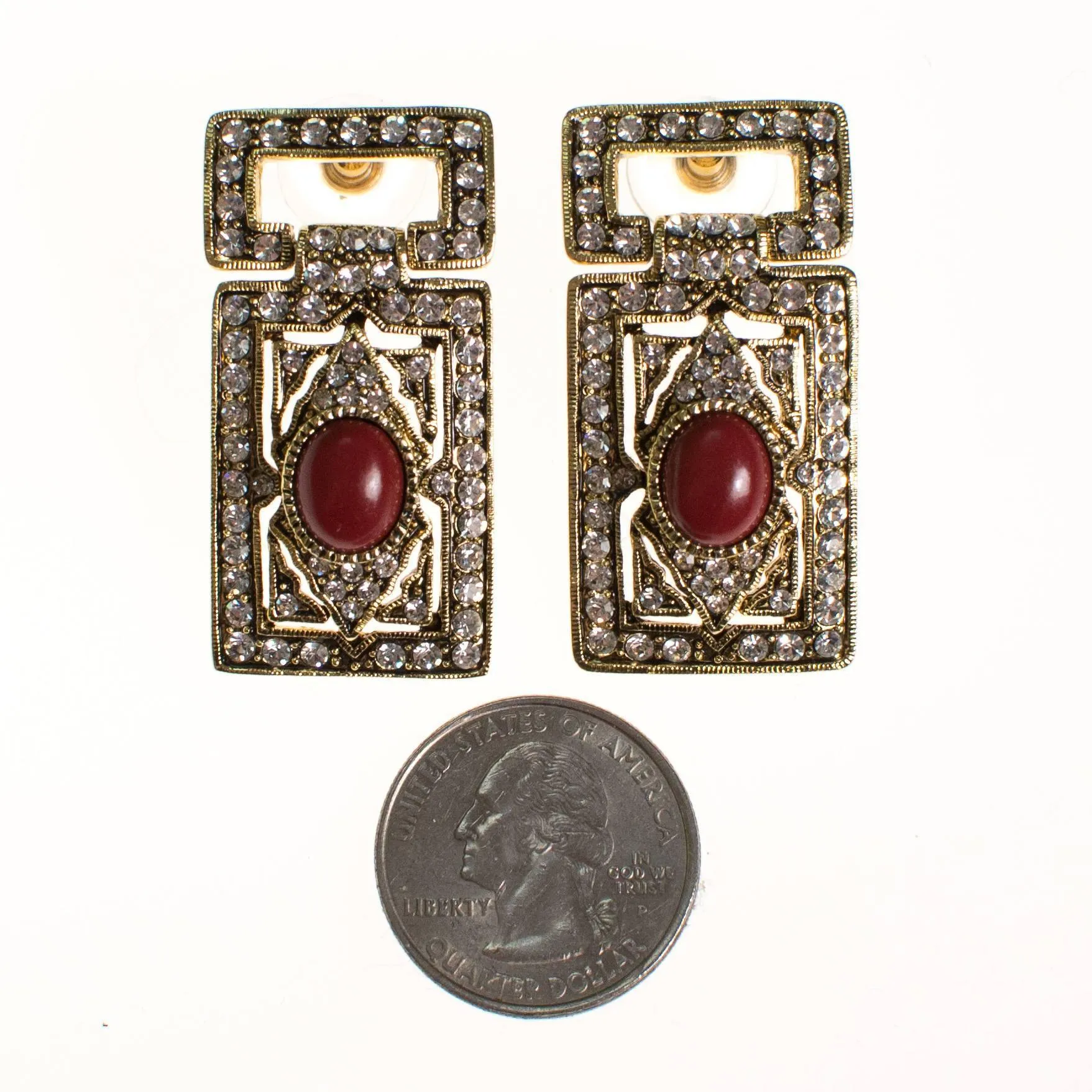 Vintage Art Deco Revival Gold Statement Earrings with Rhinestones and Carnelian Lucite Cabochon