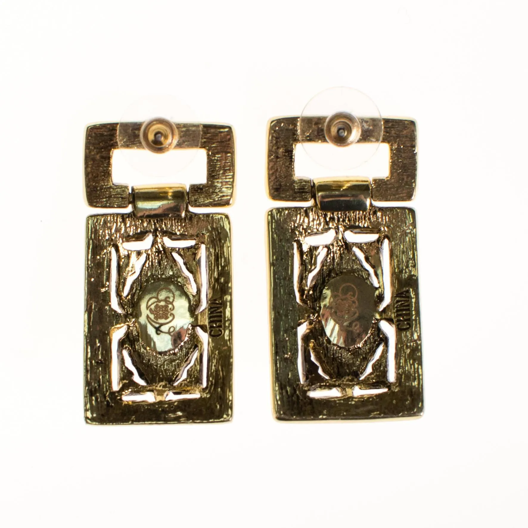 Vintage Art Deco Revival Gold Statement Earrings with Rhinestones and Carnelian Lucite Cabochon