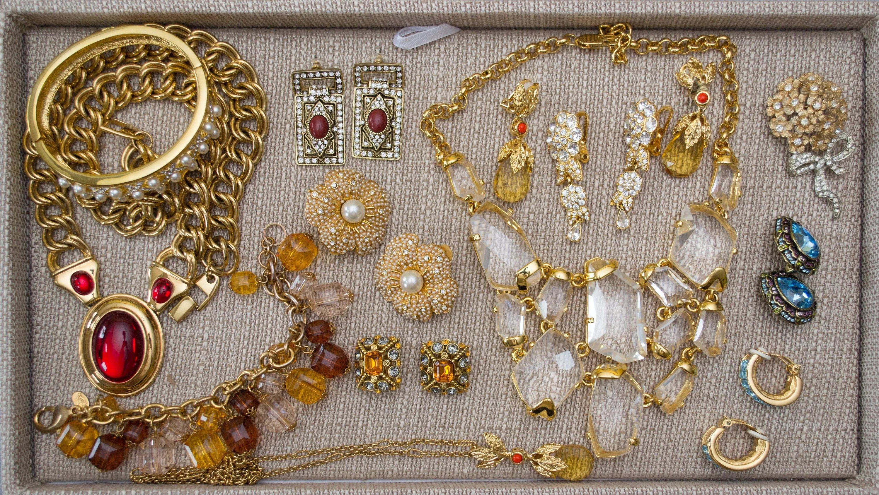 Vintage Art Deco Revival Gold Statement Earrings with Rhinestones and Carnelian Lucite Cabochon