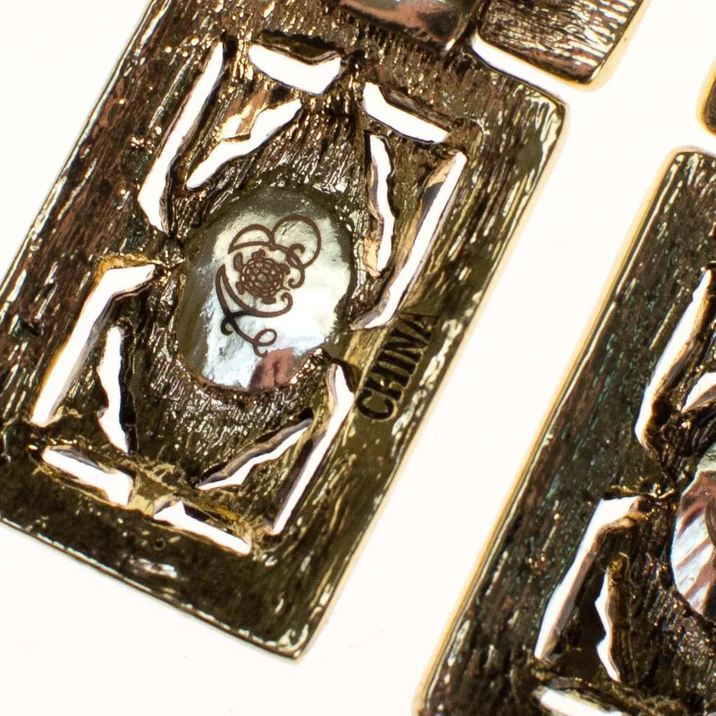 Vintage Art Deco Revival Gold Statement Earrings with Rhinestones and Carnelian Lucite Cabochon