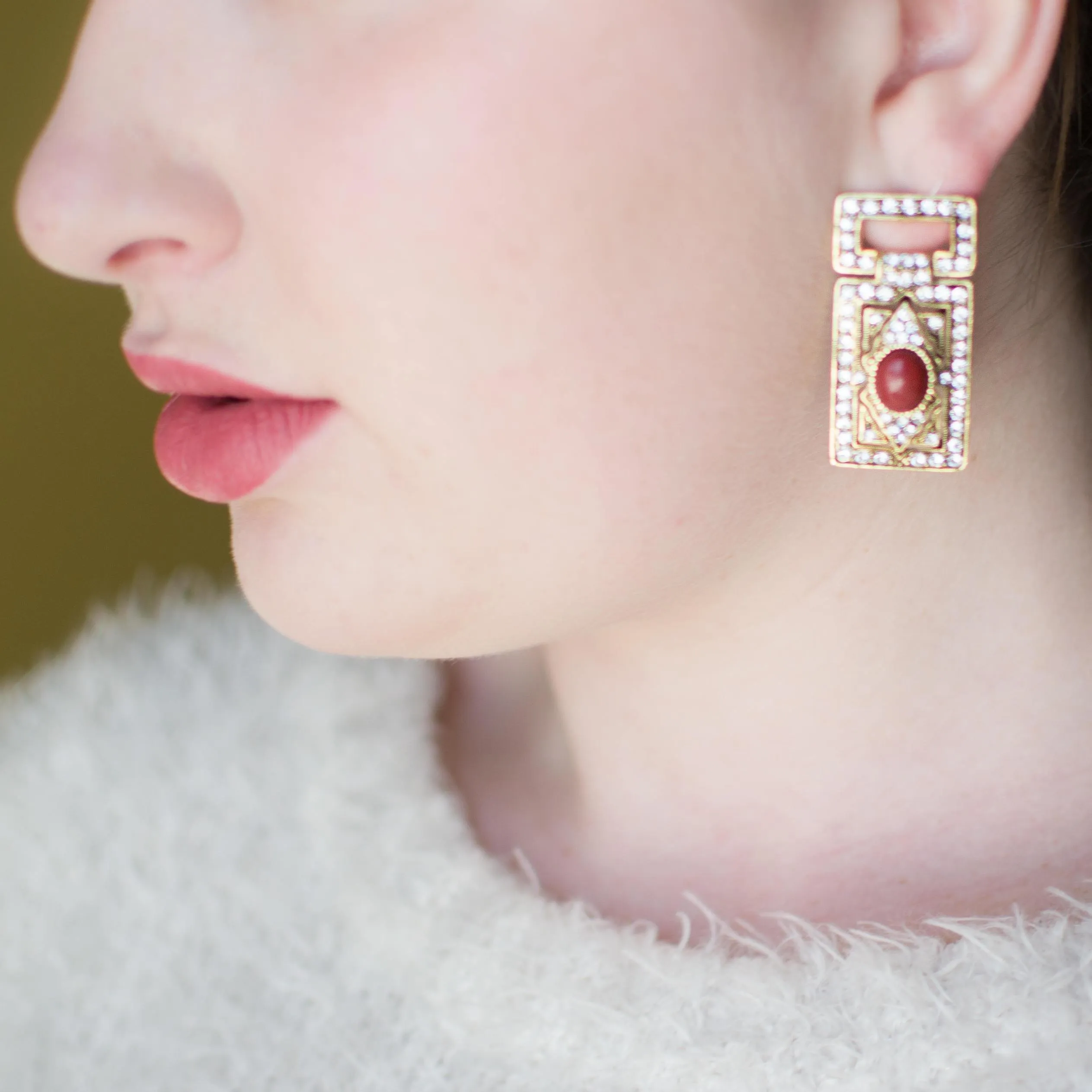 Vintage Art Deco Revival Gold Statement Earrings with Rhinestones and Carnelian Lucite Cabochon