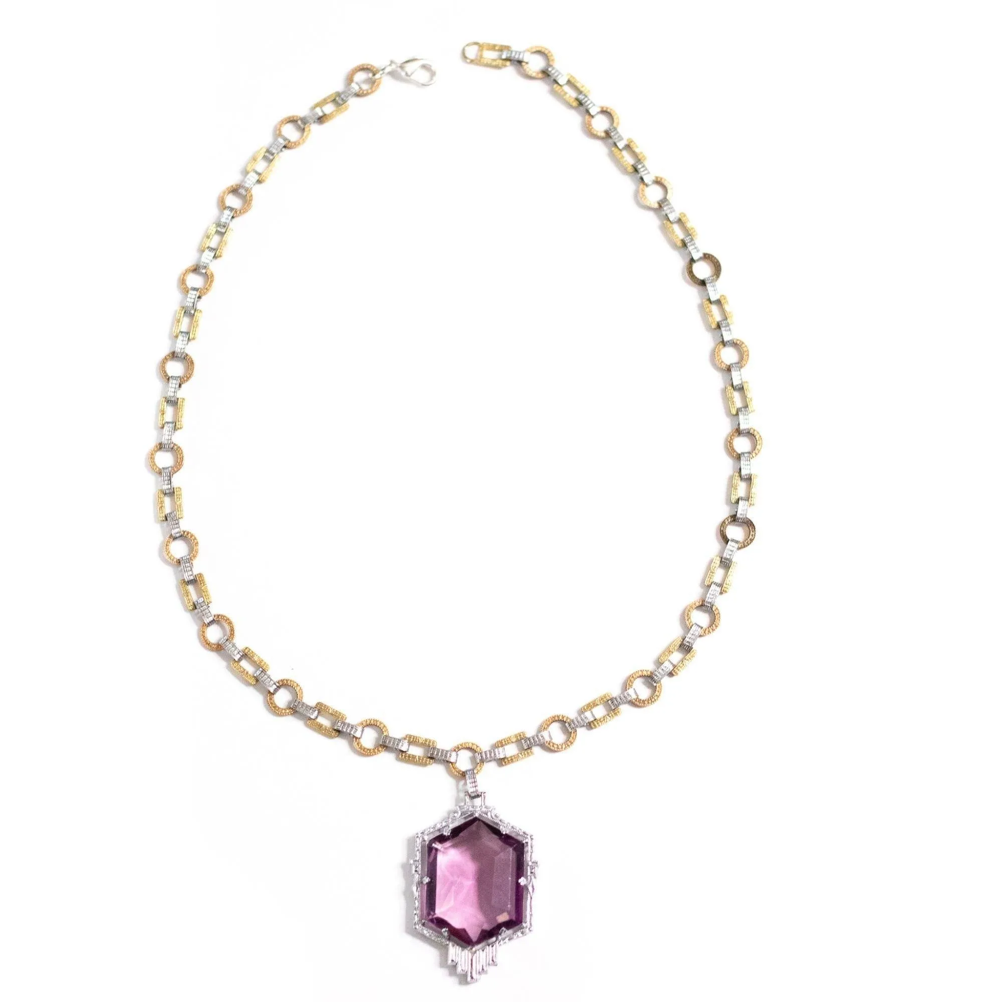 Vintage Art Deco Sterling Silver and Gold Wash Amethyst Crystal Necklace