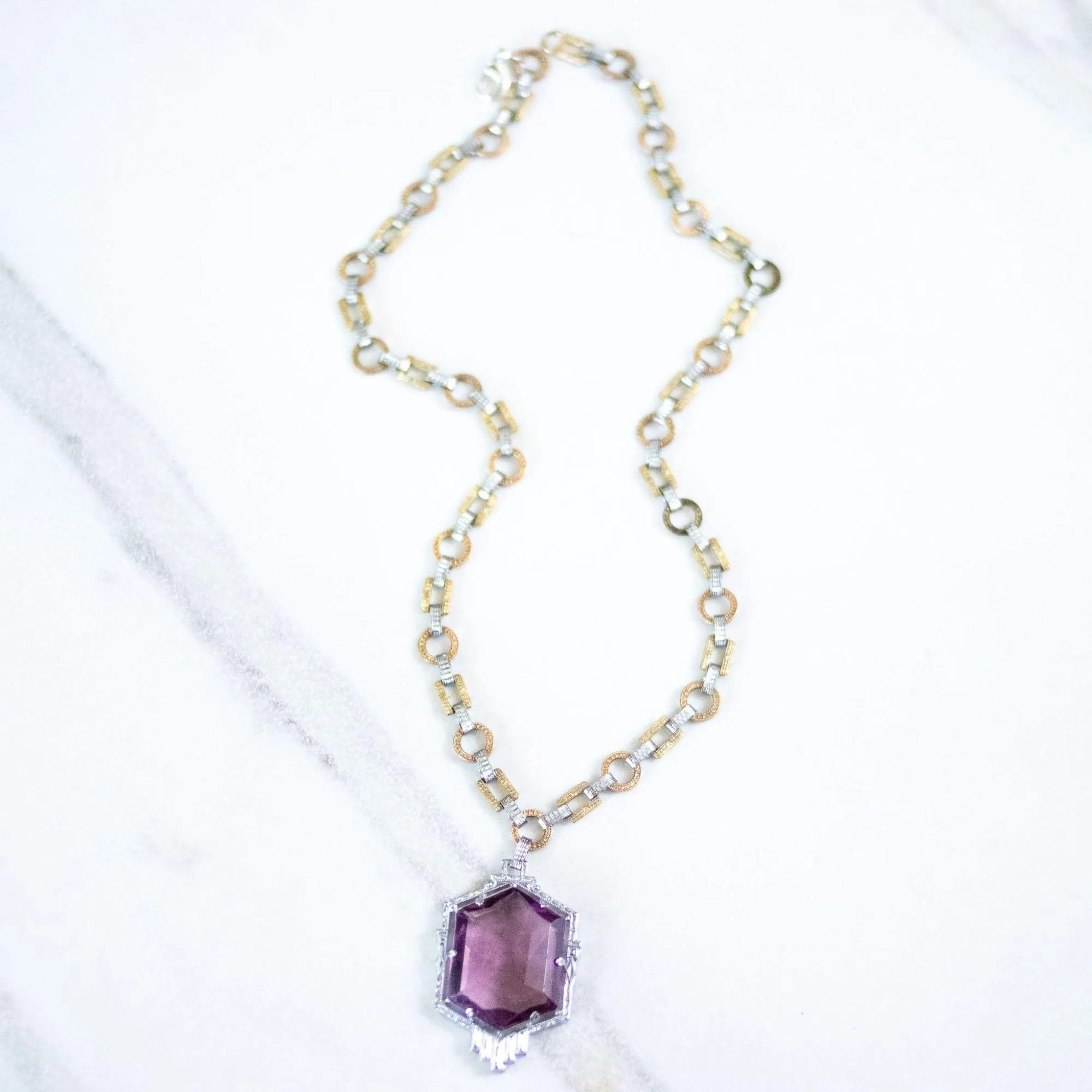 Vintage Art Deco Sterling Silver and Gold Wash Amethyst Crystal Necklace