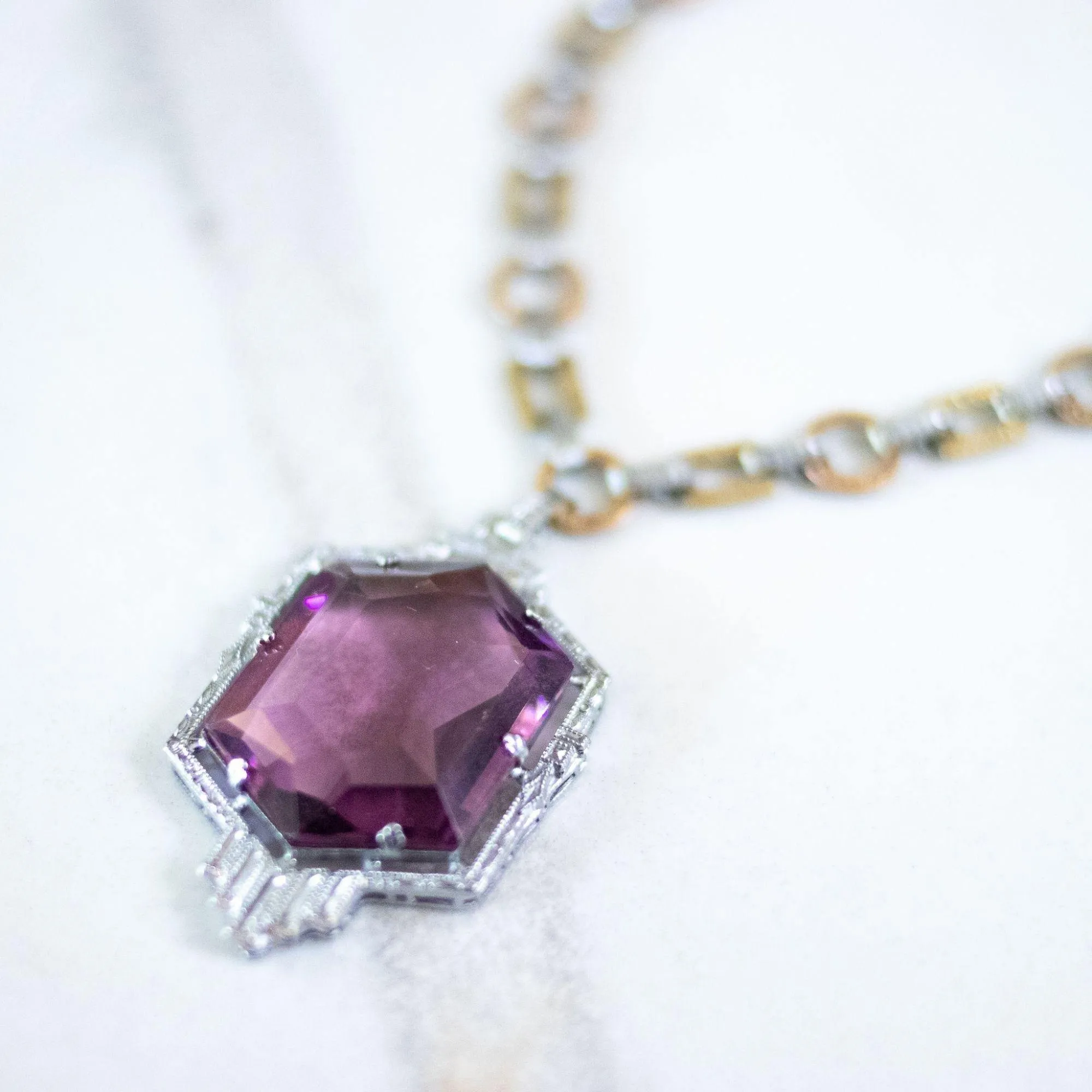 Vintage Art Deco Sterling Silver and Gold Wash Amethyst Crystal Necklace